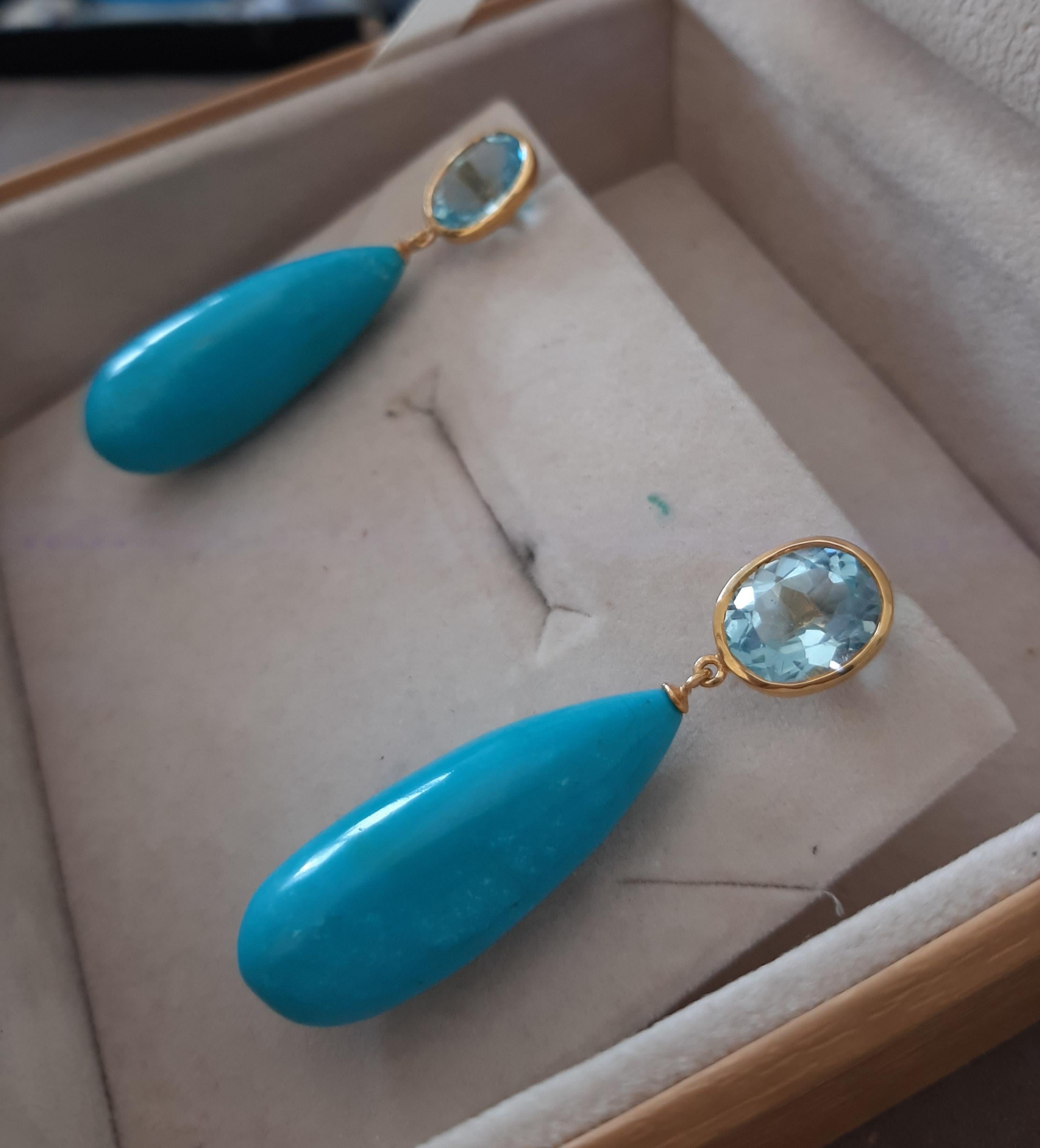 Topaze bleue  Ovale  Forme Turquoise Véritable Gouttes Rondes 14k Or Jaune Solide Neuf - En vente à Bangkok, TH