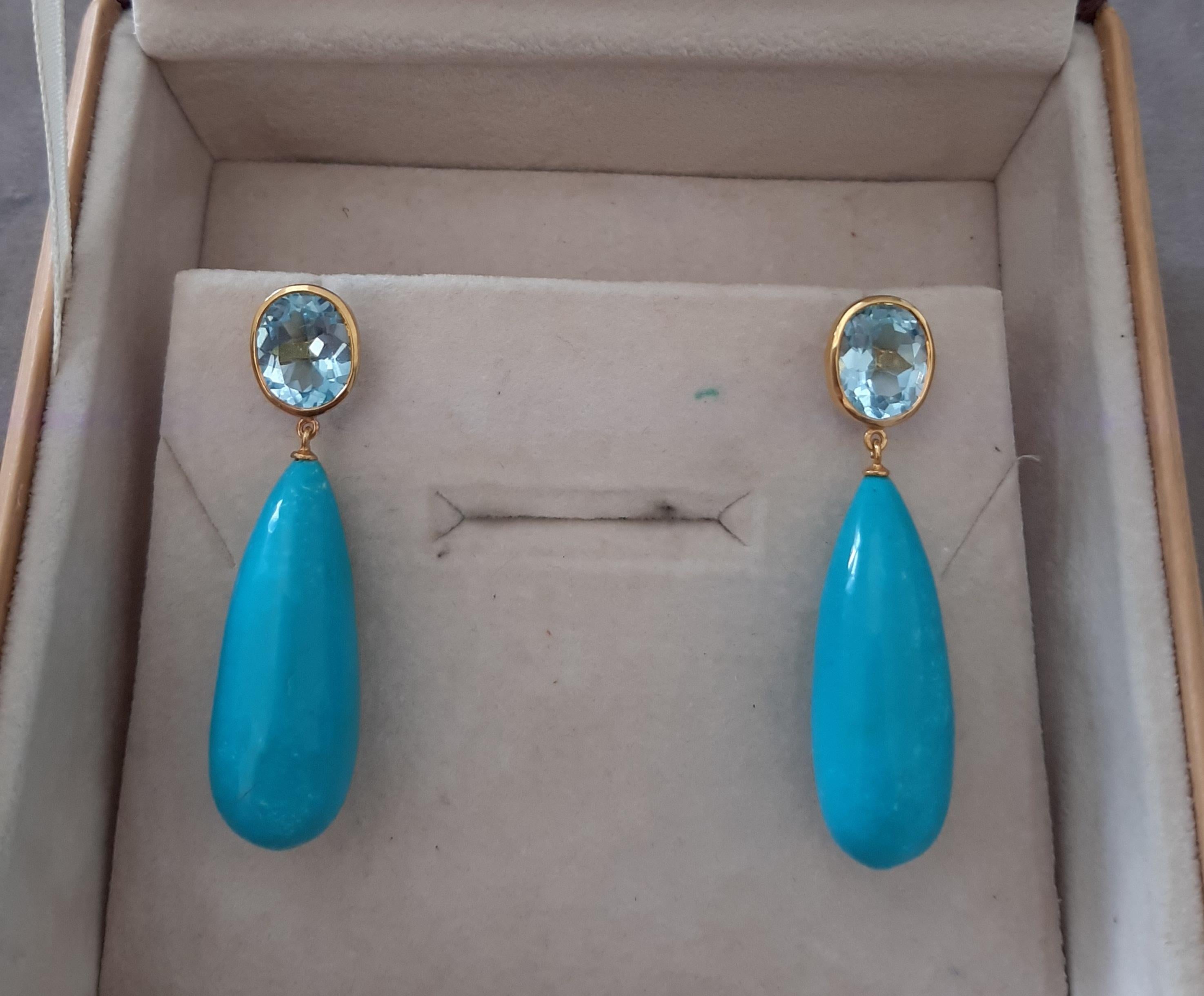 Topaze bleue  Ovale  Forme Turquoise Véritable Gouttes Rondes 14k Or Jaune Solide Unisexe en vente
