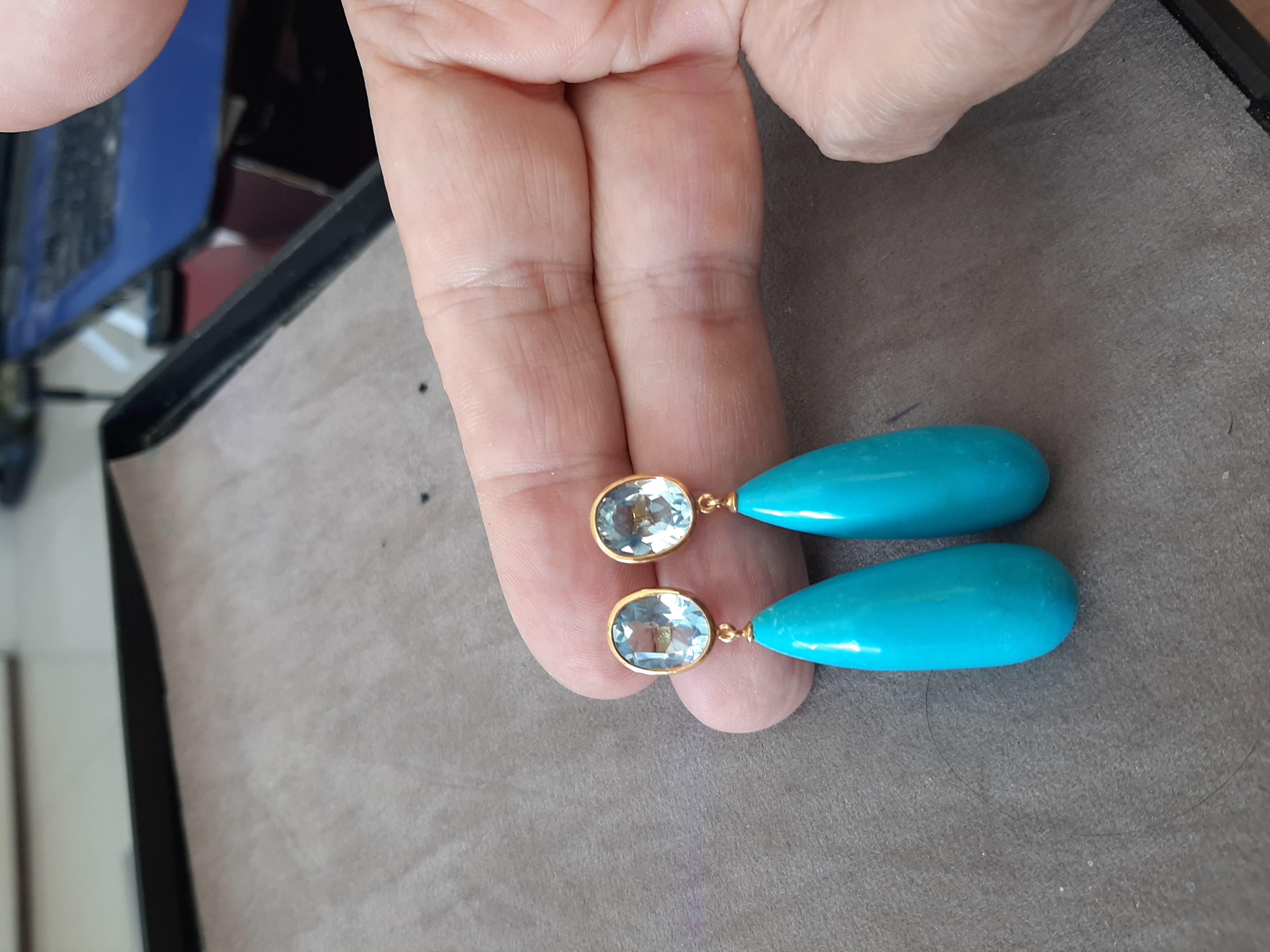 Topaze bleue  Ovale  Forme Turquoise Véritable Gouttes Rondes 14k Or Jaune Solide en vente 1