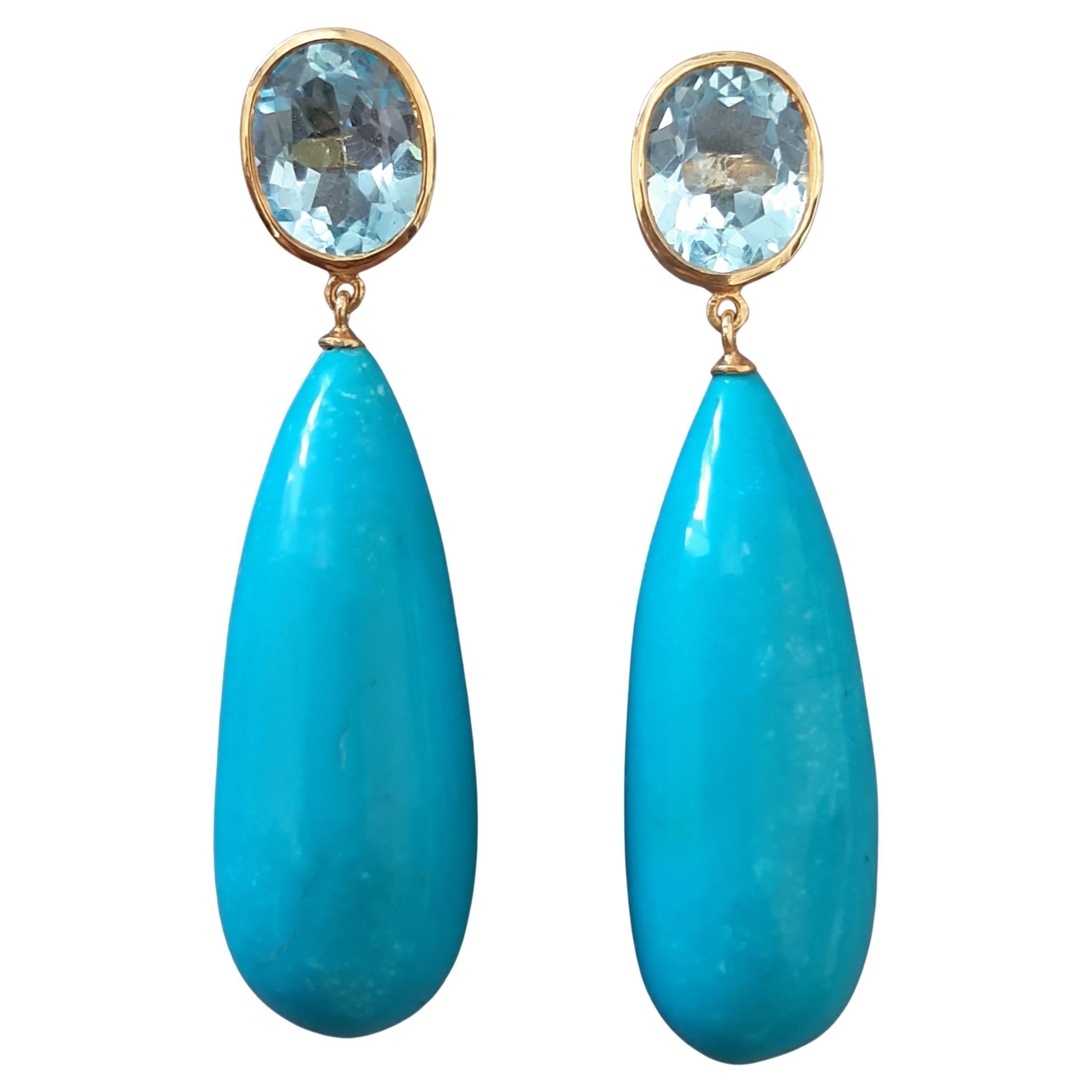 Topaze bleue  Ovale  Forme Turquoise Véritable Gouttes Rondes 14k Or Jaune Solide en vente