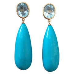 Topaze bleue  Ovale  Forme Turquoise Véritable Gouttes Rondes 14k Or Jaune Solide