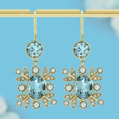 Blue Topaz Pearl and Diamond Vintage Style Floral Drop Earrings in Solid 9K Gold