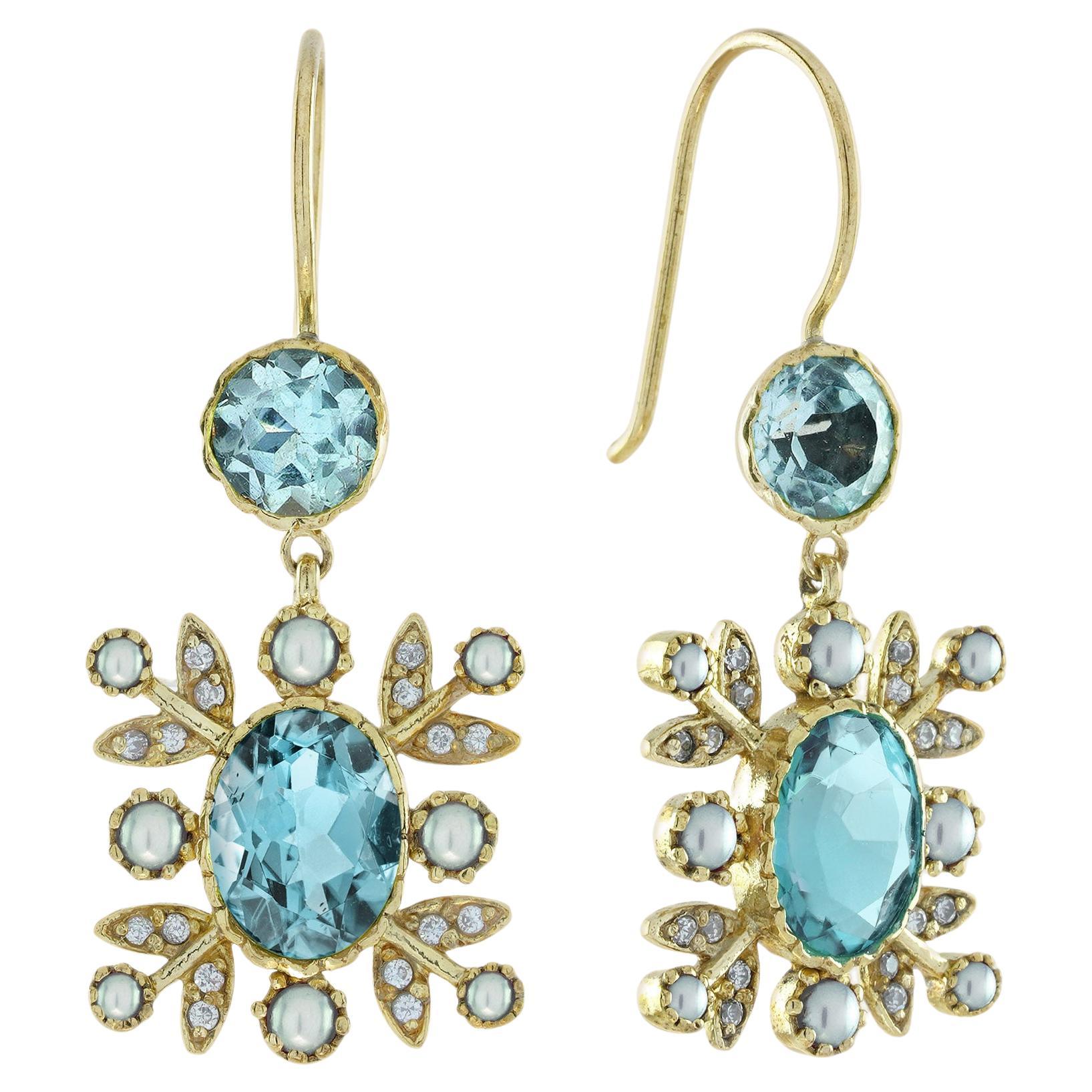 Blue Topaz Pearl and Diamond Vintage Style Floral Drop Earrings in Solid 9K Gold