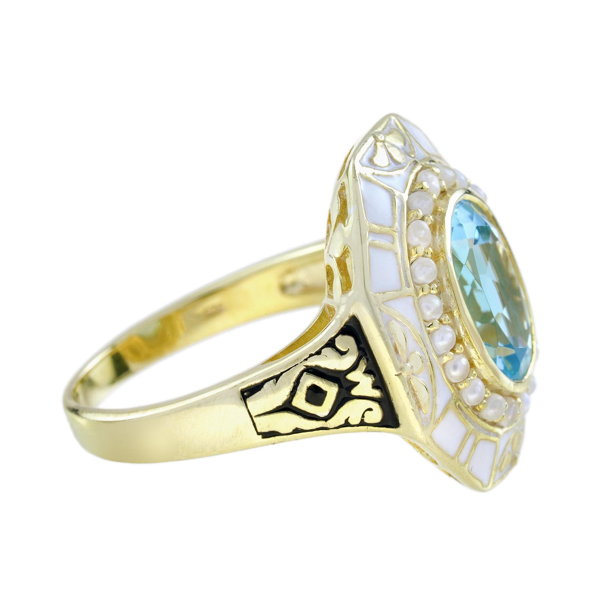 Oval Cut Blue Topaz Pearl and White Enamel Antique Style Cocktail Ring in 14K Yellow Gold For Sale