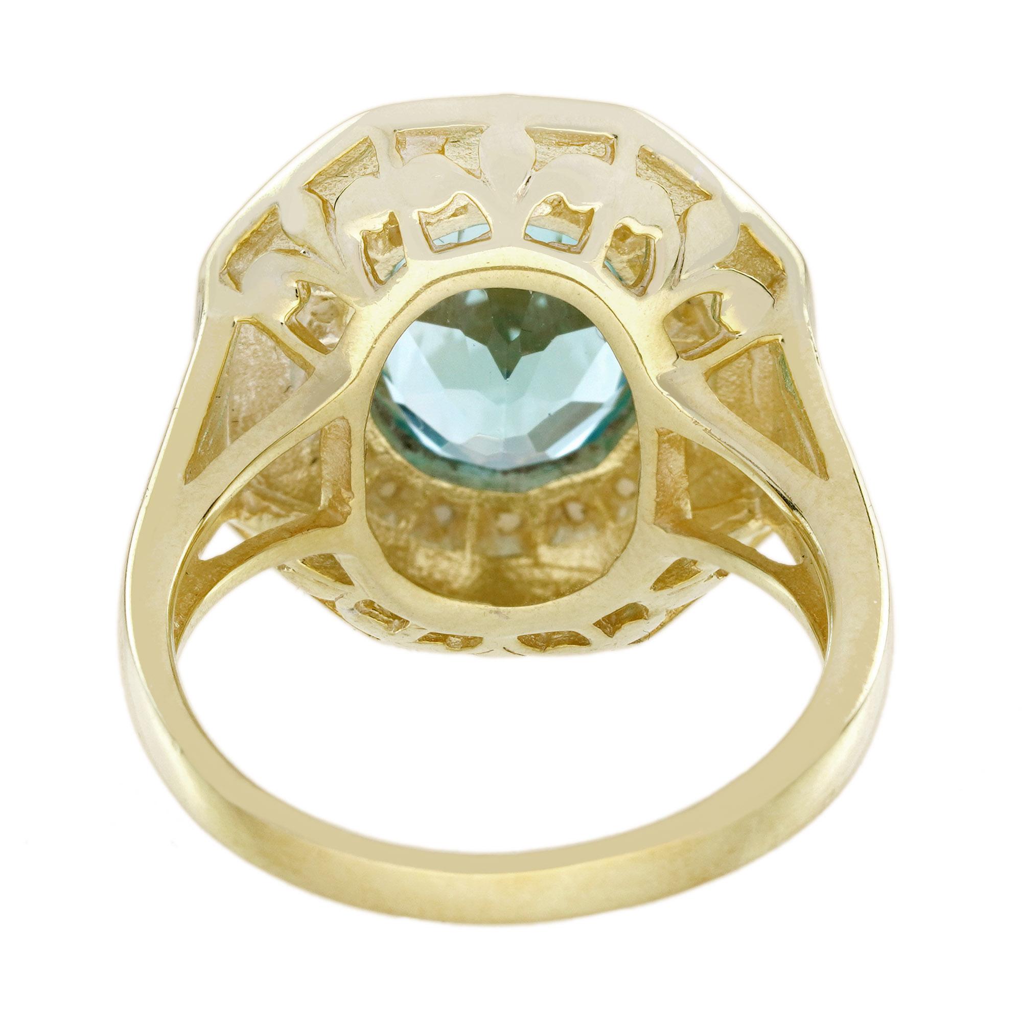 Blue Topaz Pearl and White Enamel Antique Style Cocktail Ring in 14K Yellow Gold In New Condition For Sale In Bangkok, TH