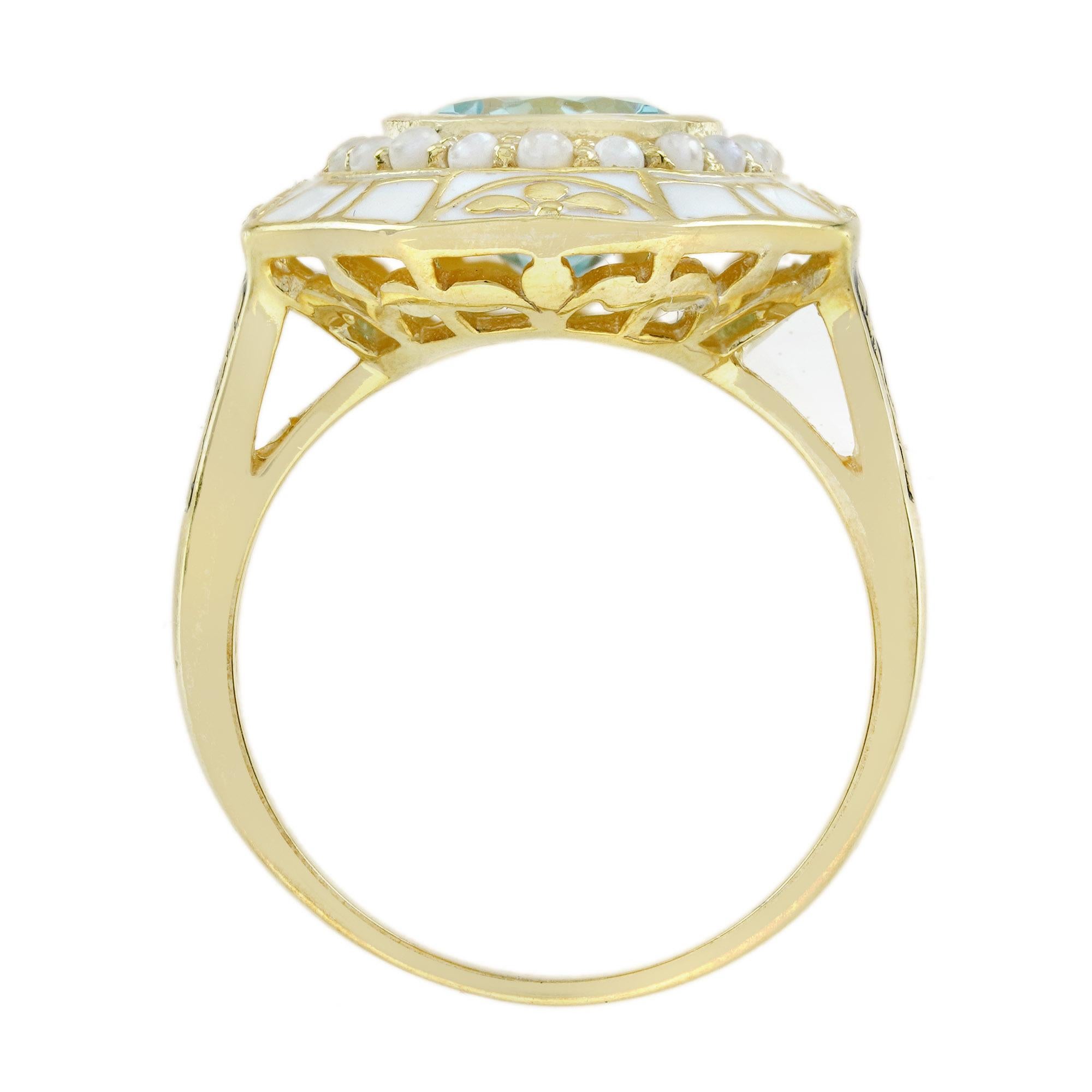 Women's Blue Topaz Pearl and White Enamel Antique Style Cocktail Ring in 14K Yellow Gold For Sale