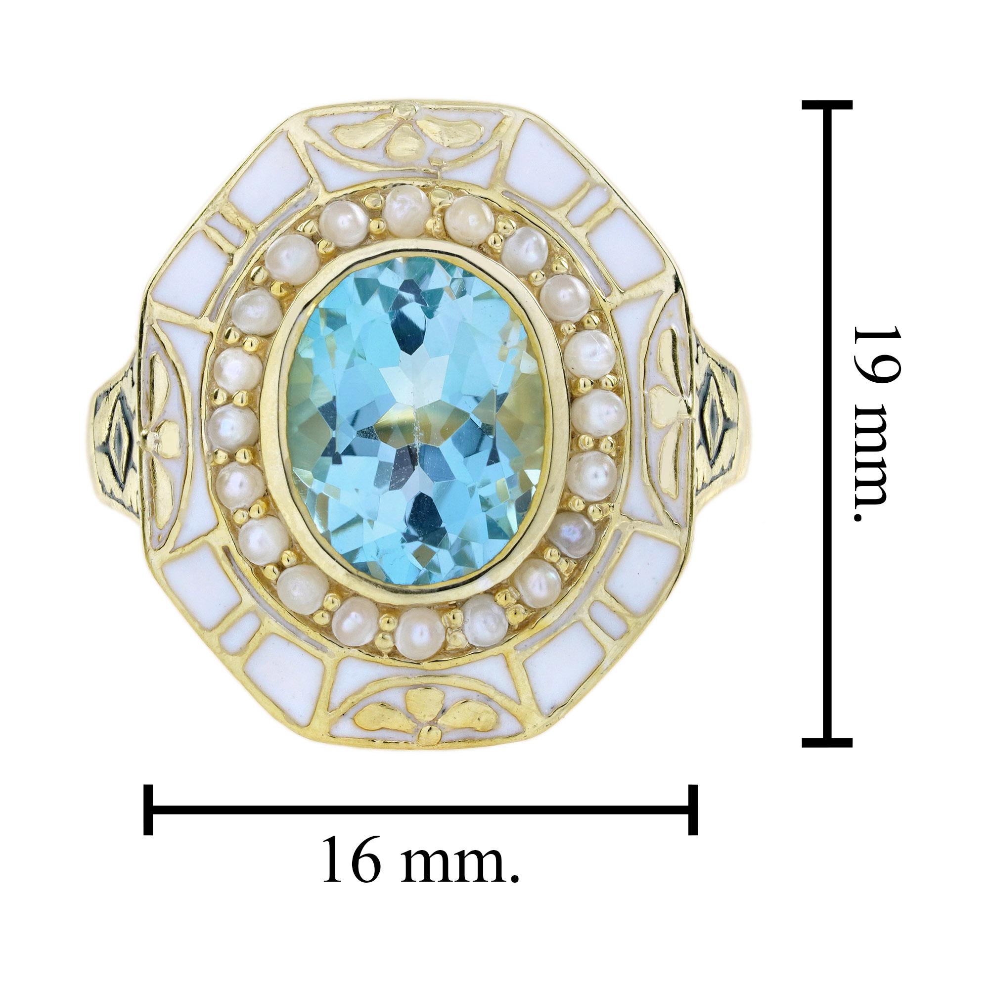 Blue Topaz Pearl and White Enamel Antique Style Cocktail Ring in 14K Yellow Gold For Sale 1