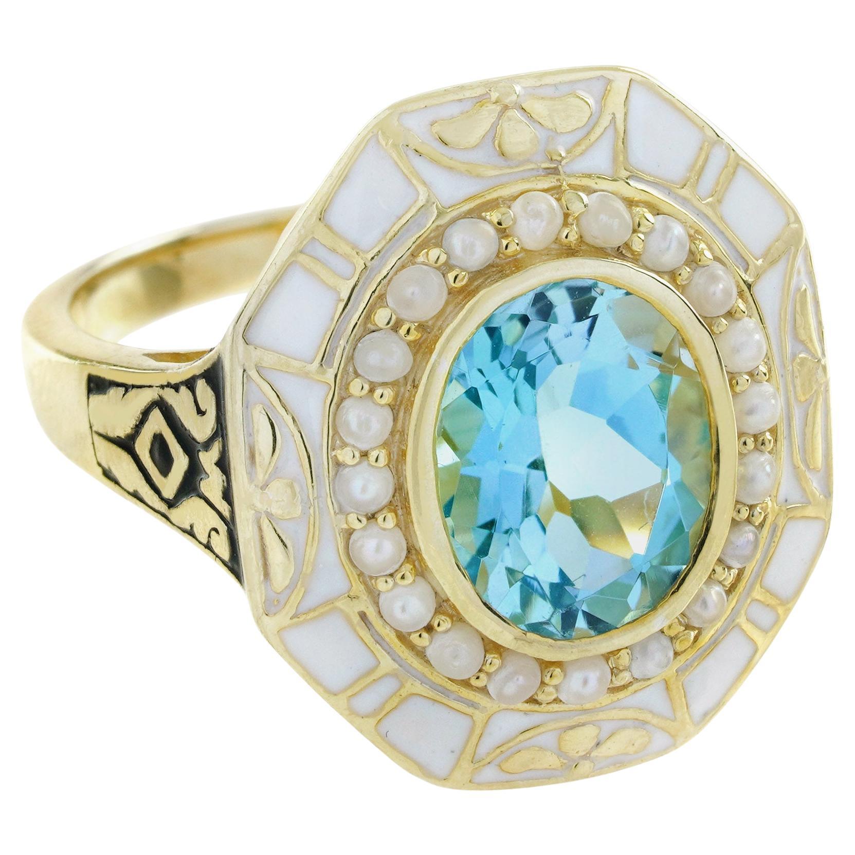 Art Deco Blue Topaz Pearl and White Enamel Antique Style Cocktail Ring in 14K Yellow Gold For Sale