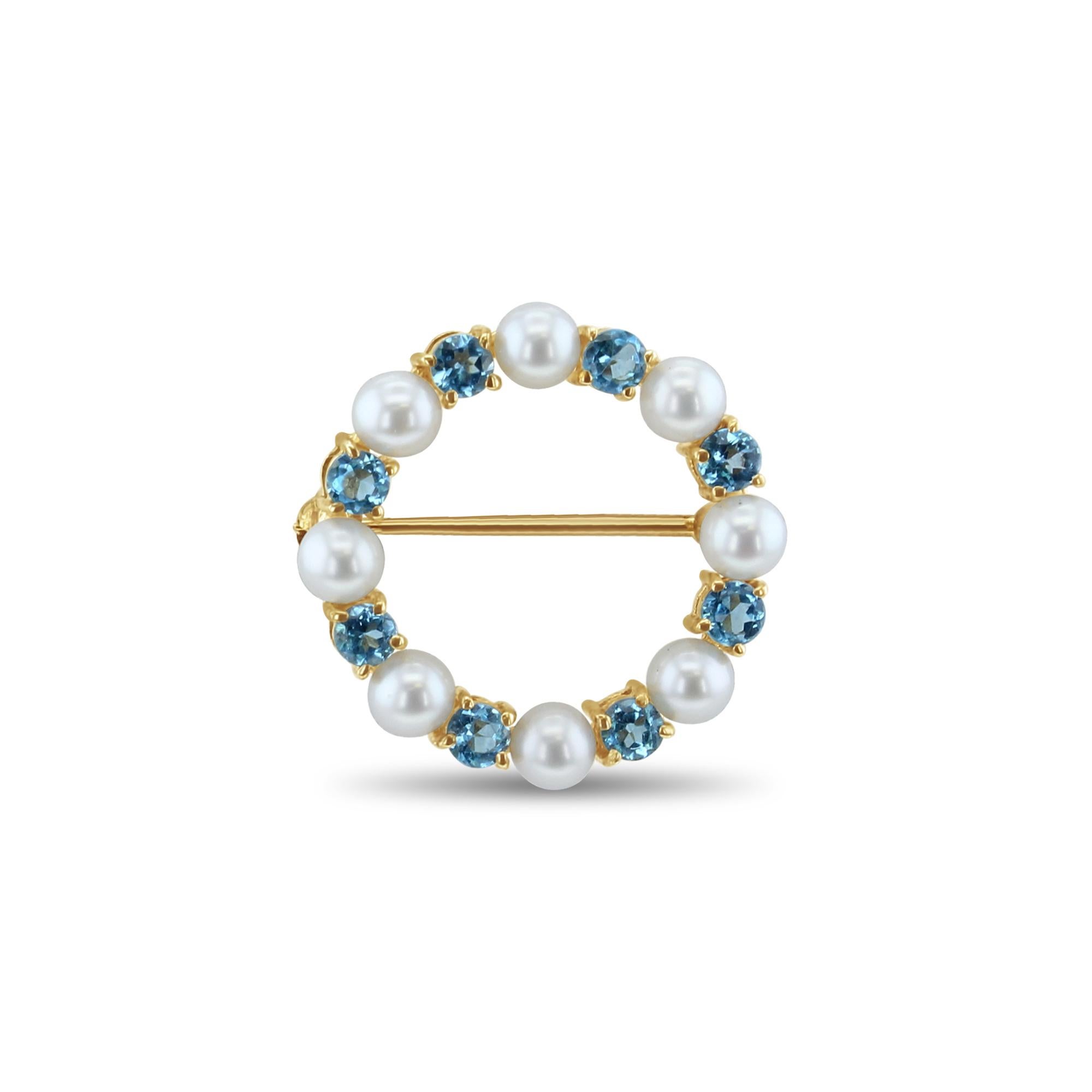Blue Topaz & Pearl Brooch 14k Yellow Gold In New Condition For Sale In Sugar Land, TX