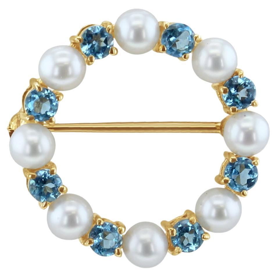 Blue Topaz & Pearl Brooch 14k Yellow Gold