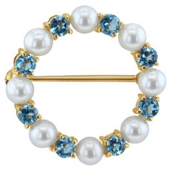 Blue Topaz & Pearl Brooch 14k Yellow Gold