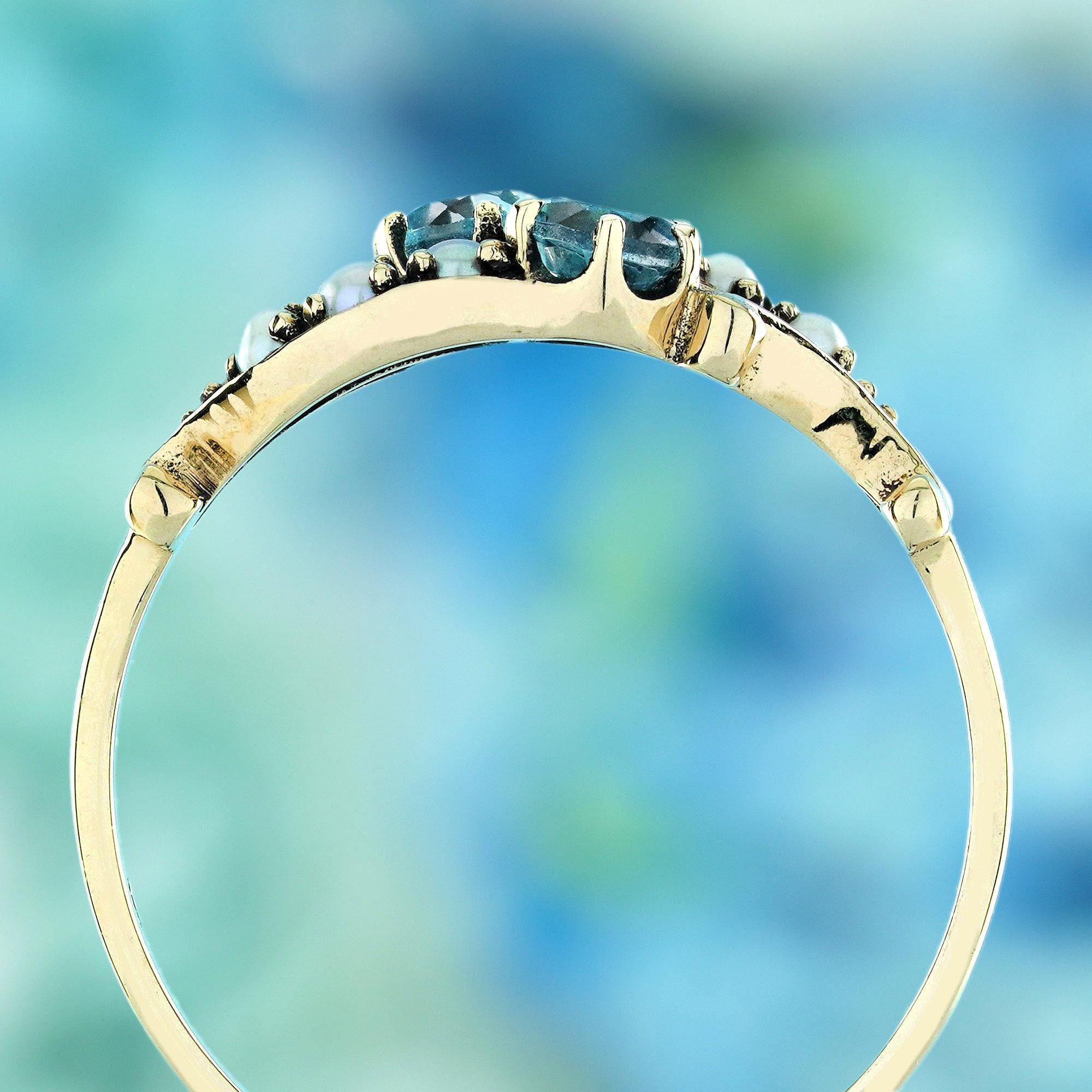 Anello a due pietre in oro giallo massiccio 9K con perla blu e stile vintage In condizioni Nuovo in vendita a Bangkok, TH