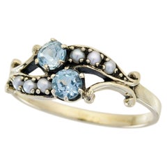 Blue Topaz Pearl Vintage Style Two Stone Ring in Solid 9K Yellow Gold