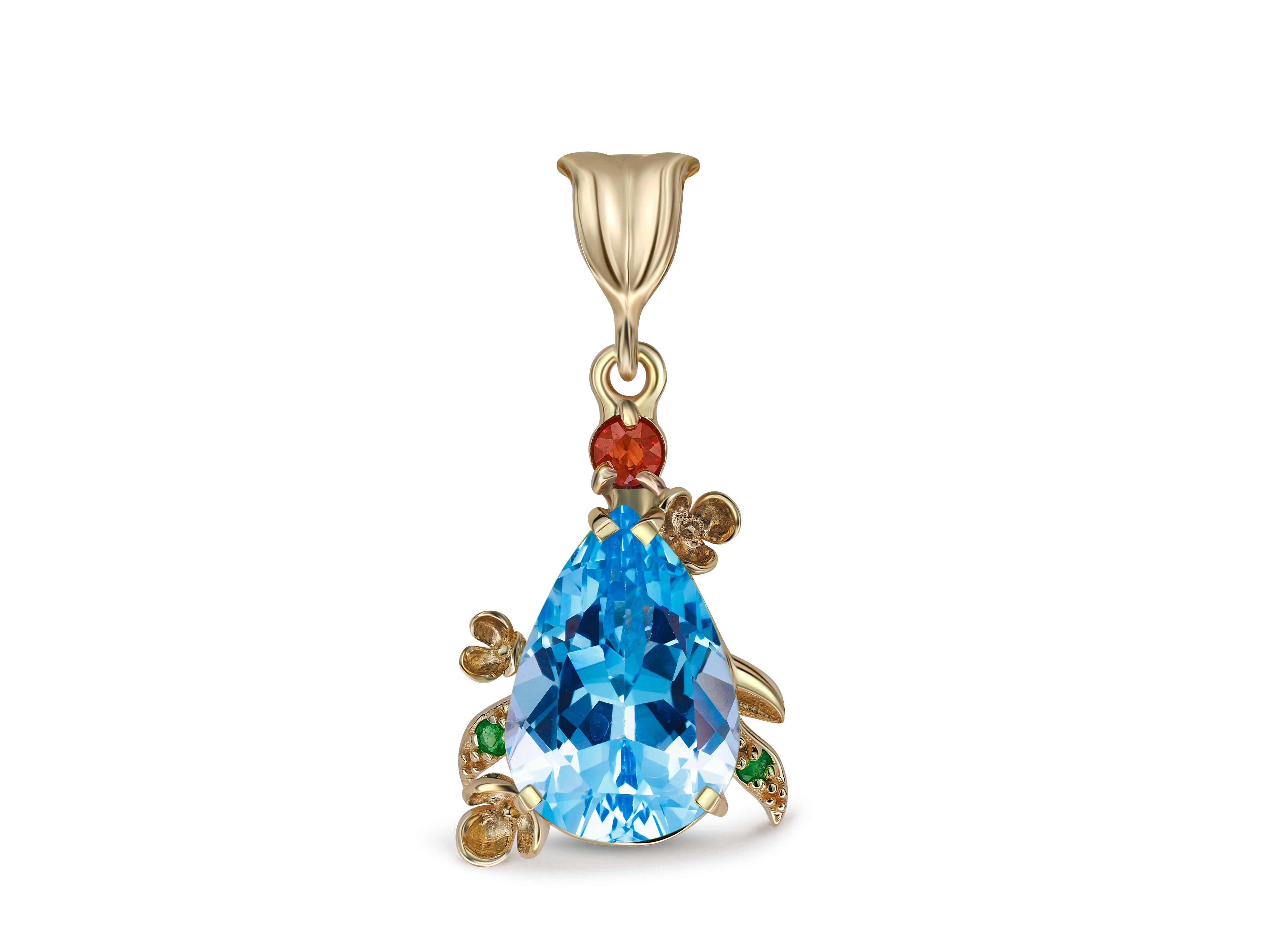 Blue topaz pendant in 14 karat gold. 
Pear topaz pendant in 14 karat gold. Flower pendant with natural topaz. Genuine topaz pendant.

Metal: 14k gold
Weight: 2.85 g.
Pendant size: 30x14.5 mm.

Set with topaz: color - sky blue, pear cut, aprox 2.5