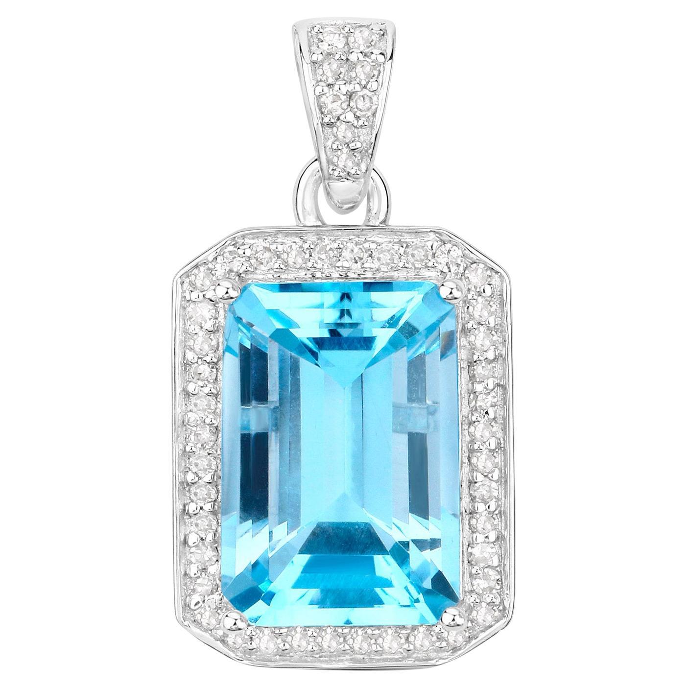 Emerald Cut Blue Topaz Pendant Necklace Diamond Setting 5.84 Carats Sterling Silver For Sale