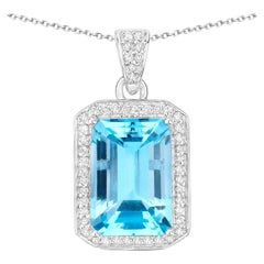 Blue Topaz Pendant Necklace Diamond Setting 5.84 Carats Sterling Silver