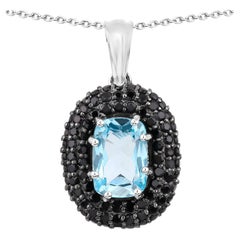 Blue Topaz Pendant With Black Spinel 6.68 Carats Sterling Silver