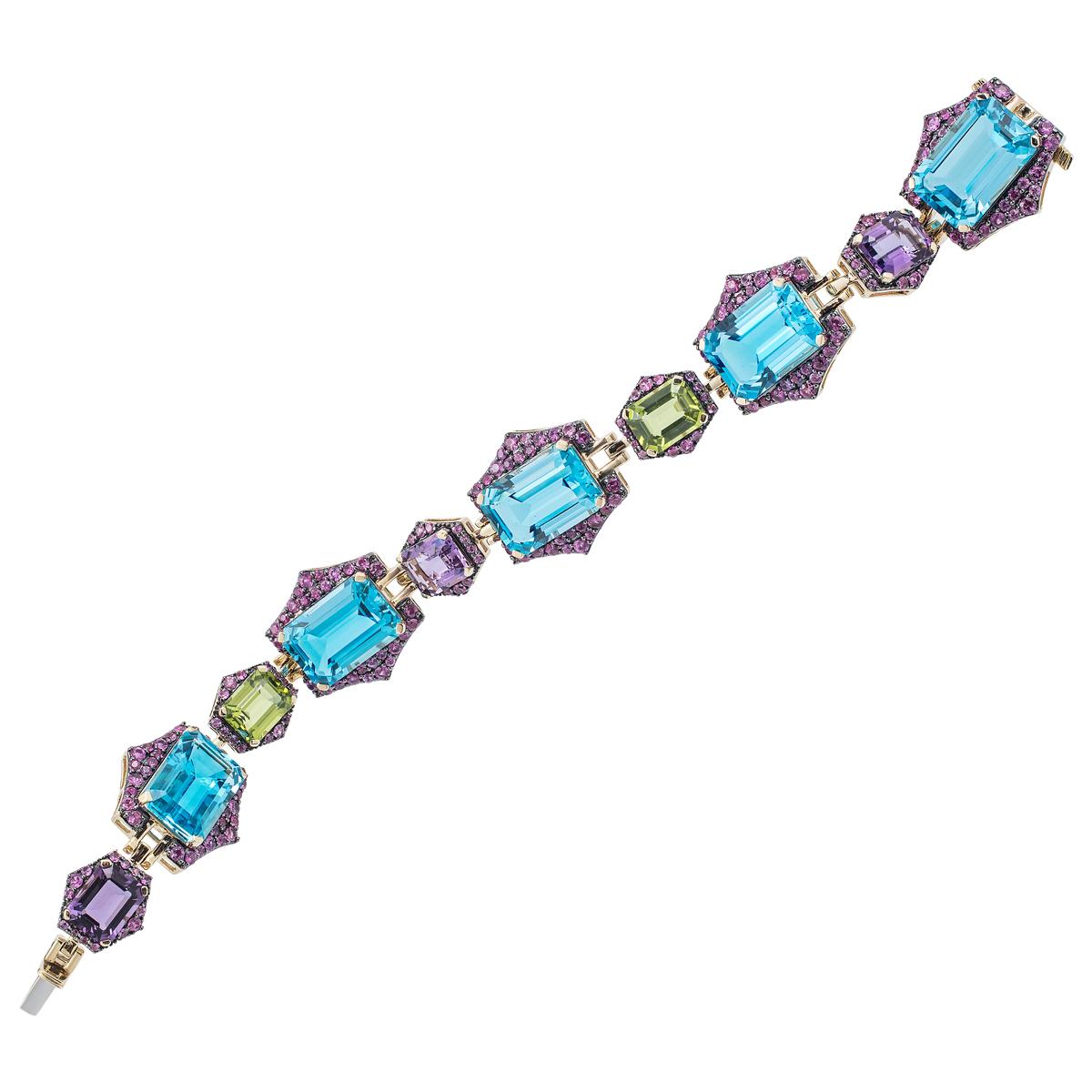 Armband aus blauemshwarafarbenem Topas, Peridot, Amethyst und rosa Saphiren
