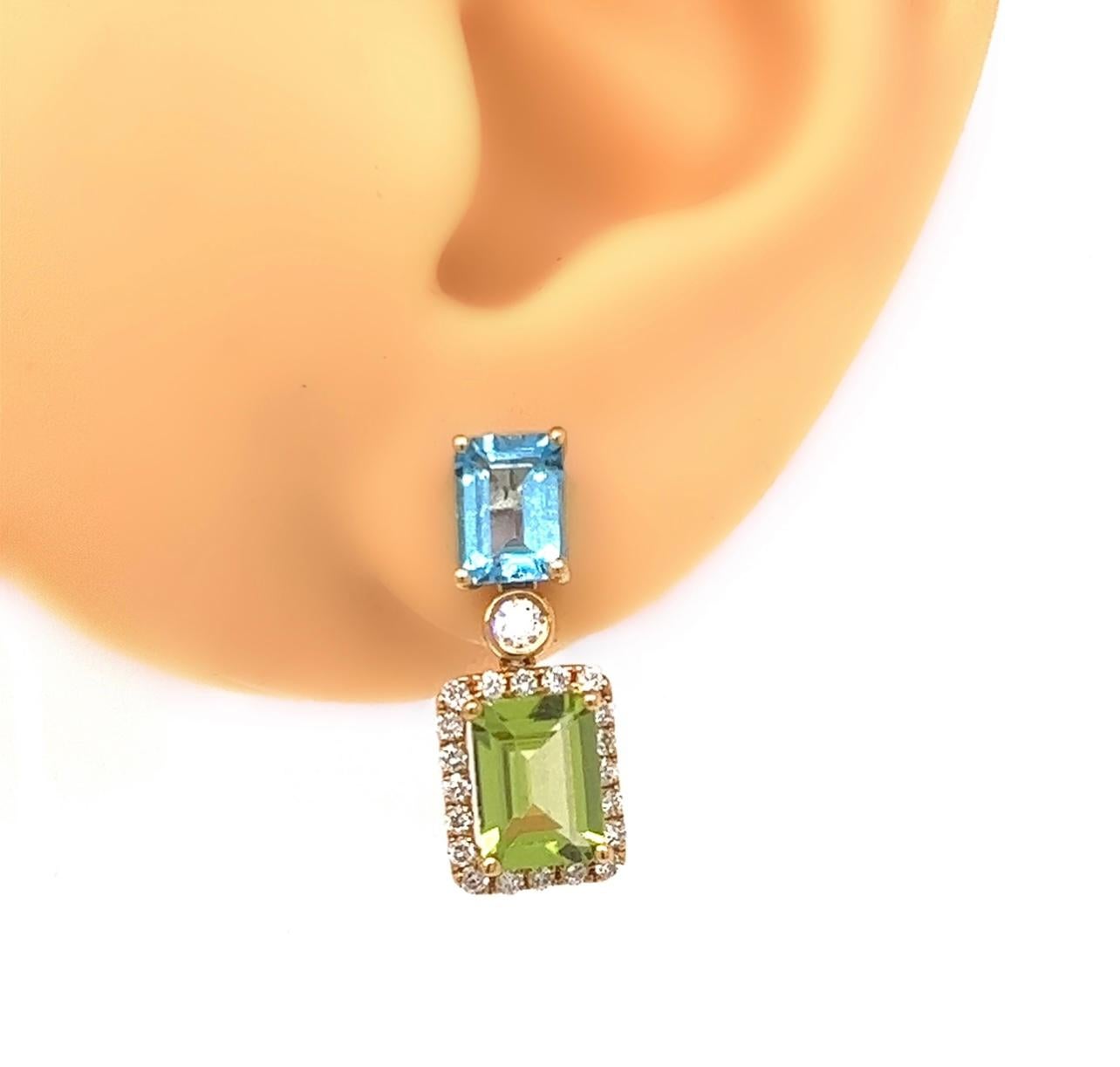 Contemporary Blue Topaz, Peridot and Diamond Drop Earrings