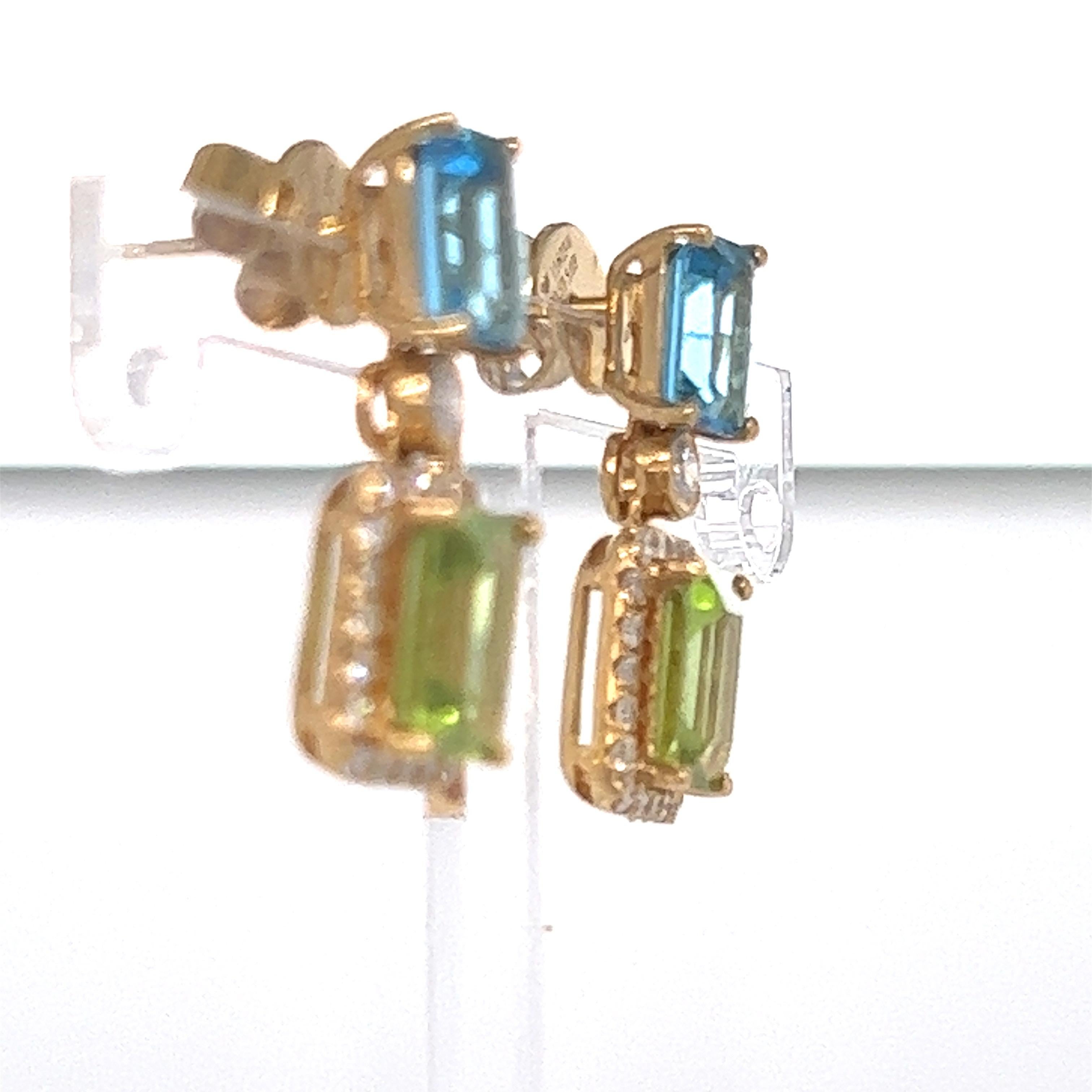 Blue Topaz, Peridot and Diamond Drop Earrings In Good Condition In Derby, NY