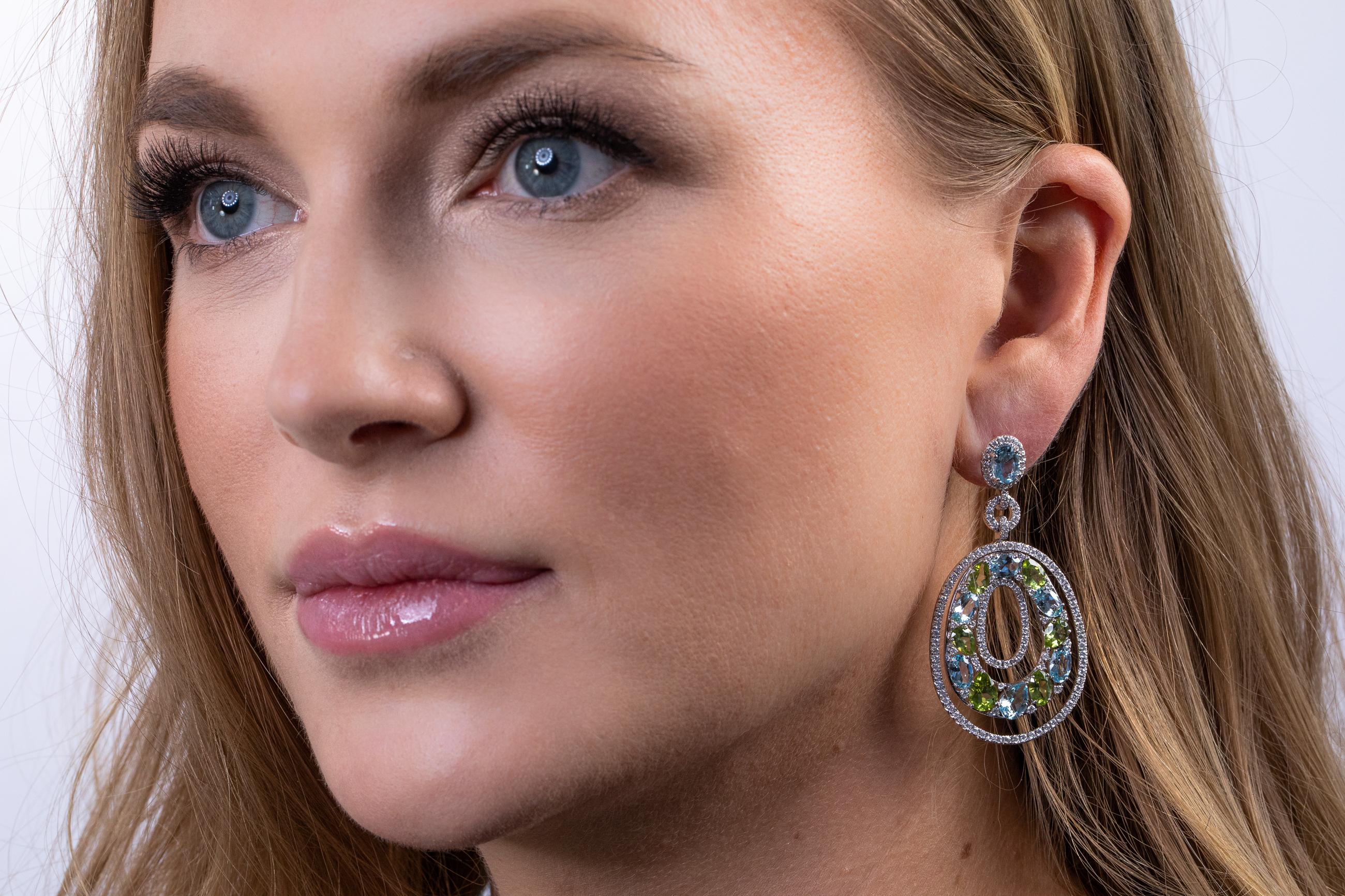 Blue Topaz, Peridot, and Diamond Earrings In New Condition For Sale In Aspen, CO
