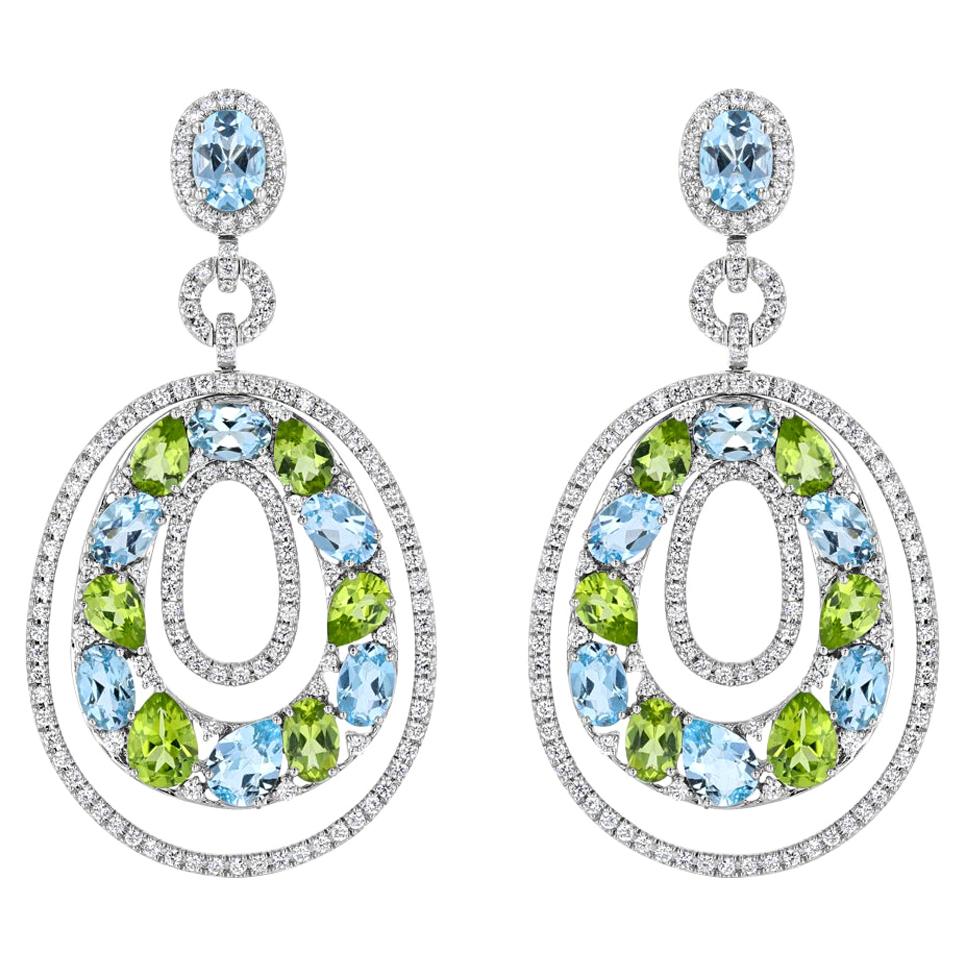 Blue Topaz, Peridot, and Diamond Earrings For Sale