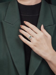 Blue Topaz Peridot Diamond Art Deco Style Three Stone Ring in 14K White Gold