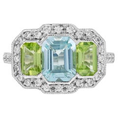 Blue Topaz Peridot Diamond Art Deco Style Three Stone Ring in 14K White Gold