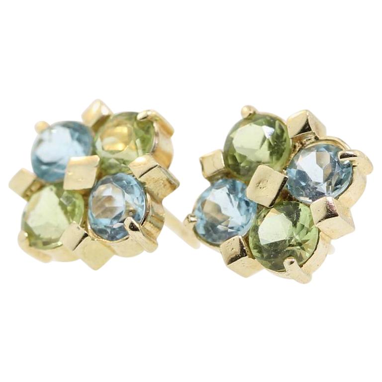 Blue Topaz & Peridot Stud Earrings, 14 Karat Yellow Gold Vintage Cluster Earring