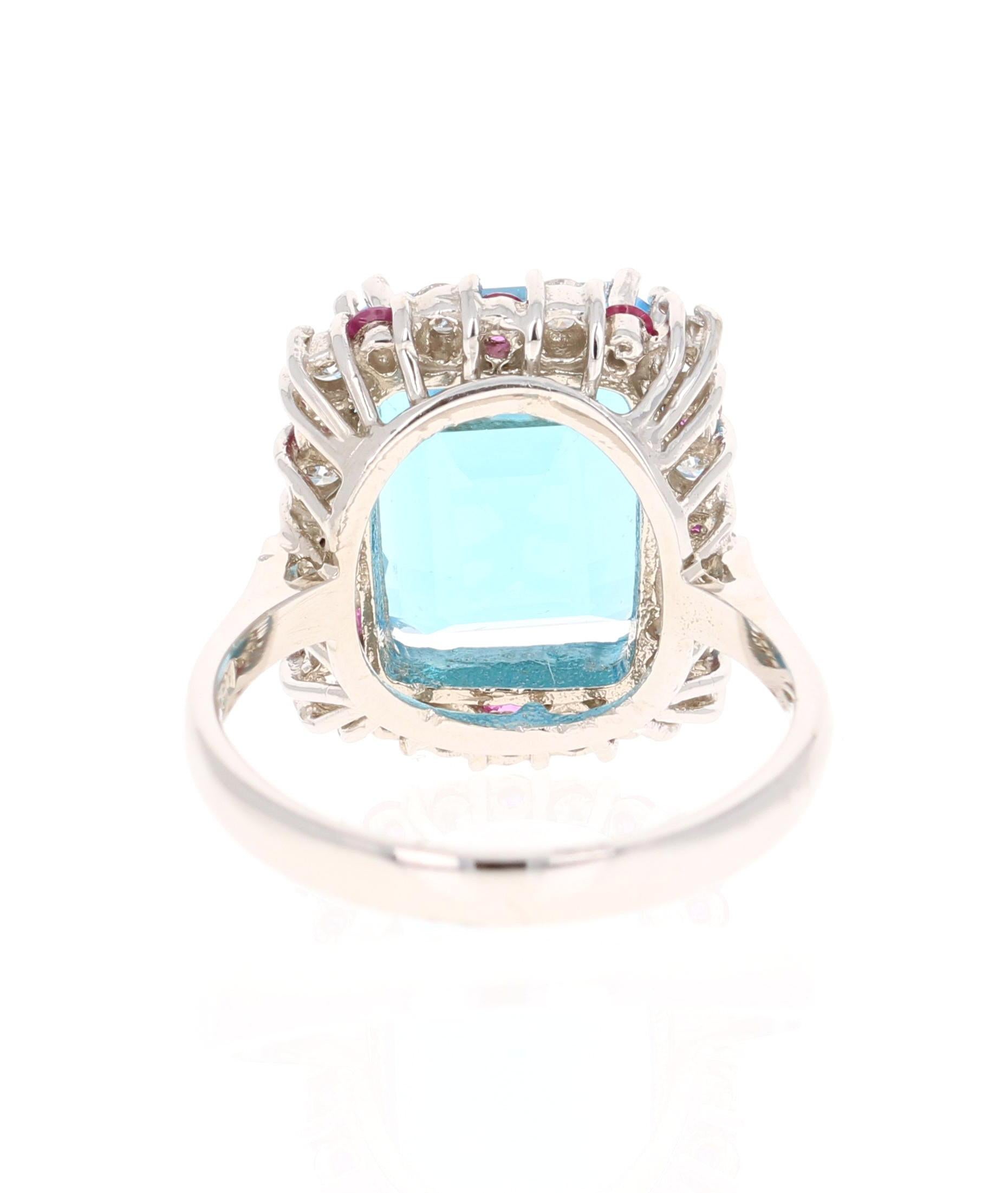 Emerald Cut Blue Topaz Pink Sapphire Diamond 14 Karat White Gold Ring