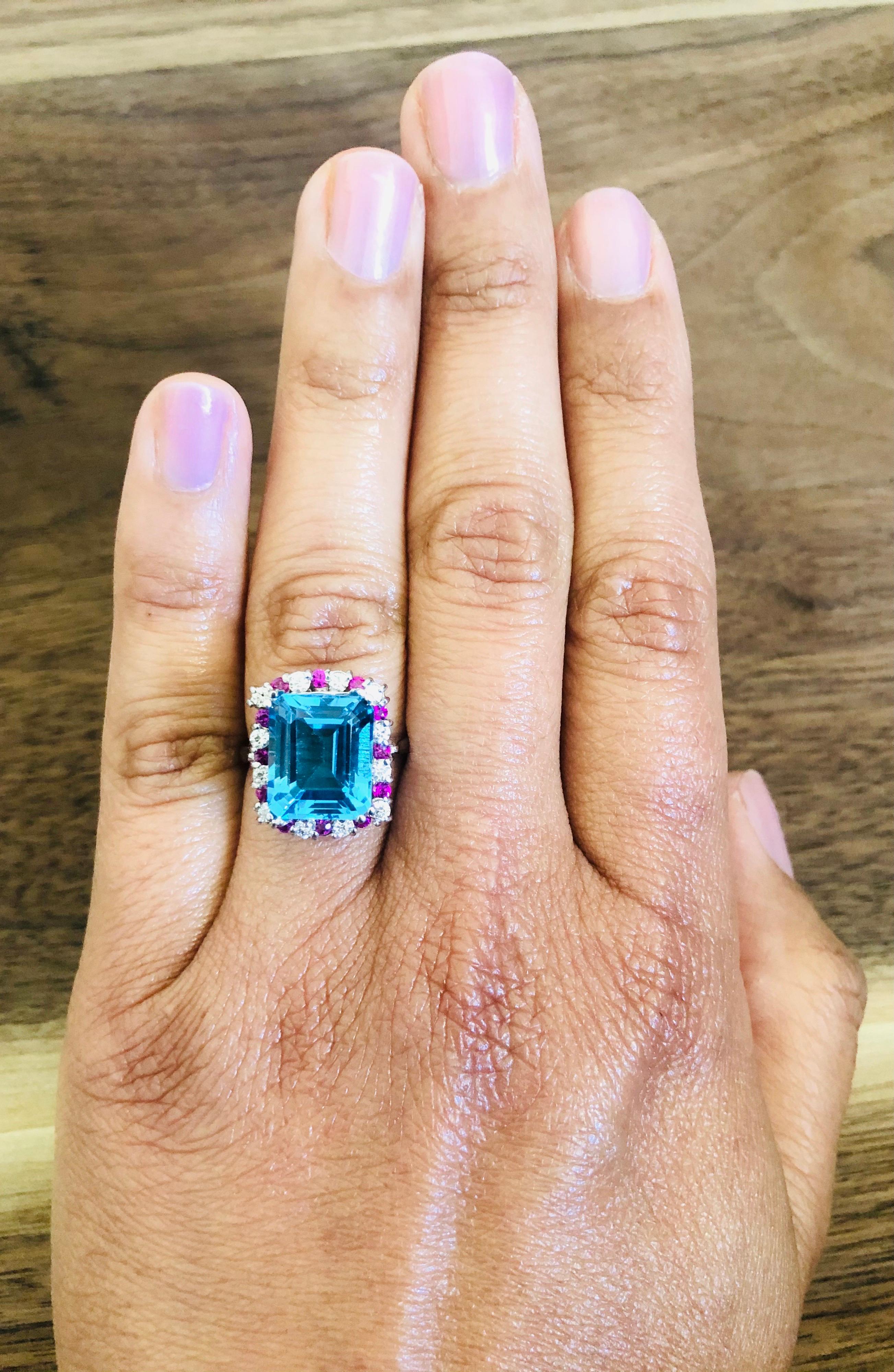 Blue Topaz Pink Sapphire Diamond 14 Karat White Gold Ring In New Condition In Los Angeles, CA
