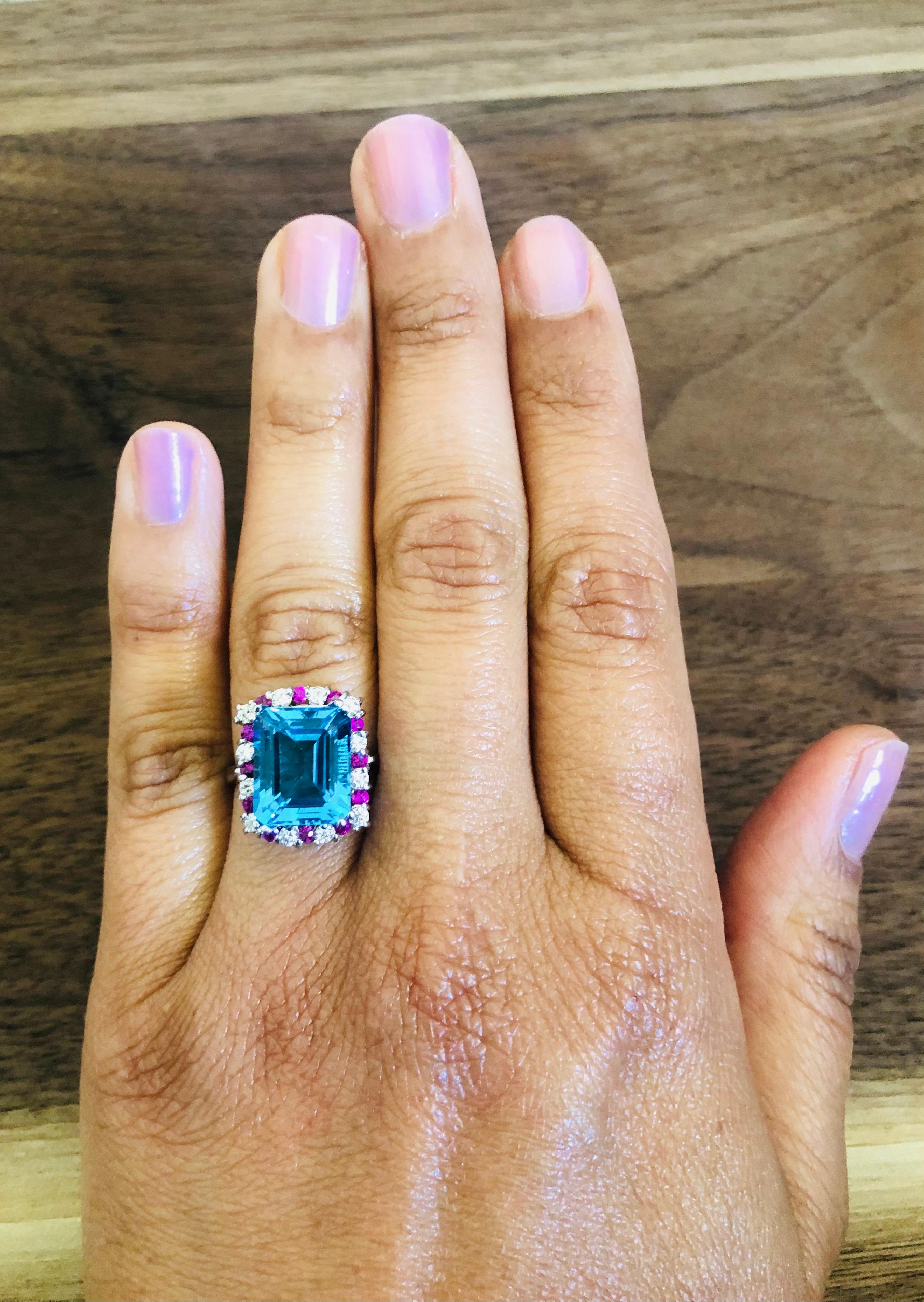 Women's Blue Topaz Pink Sapphire Diamond 14 Karat White Gold Ring
