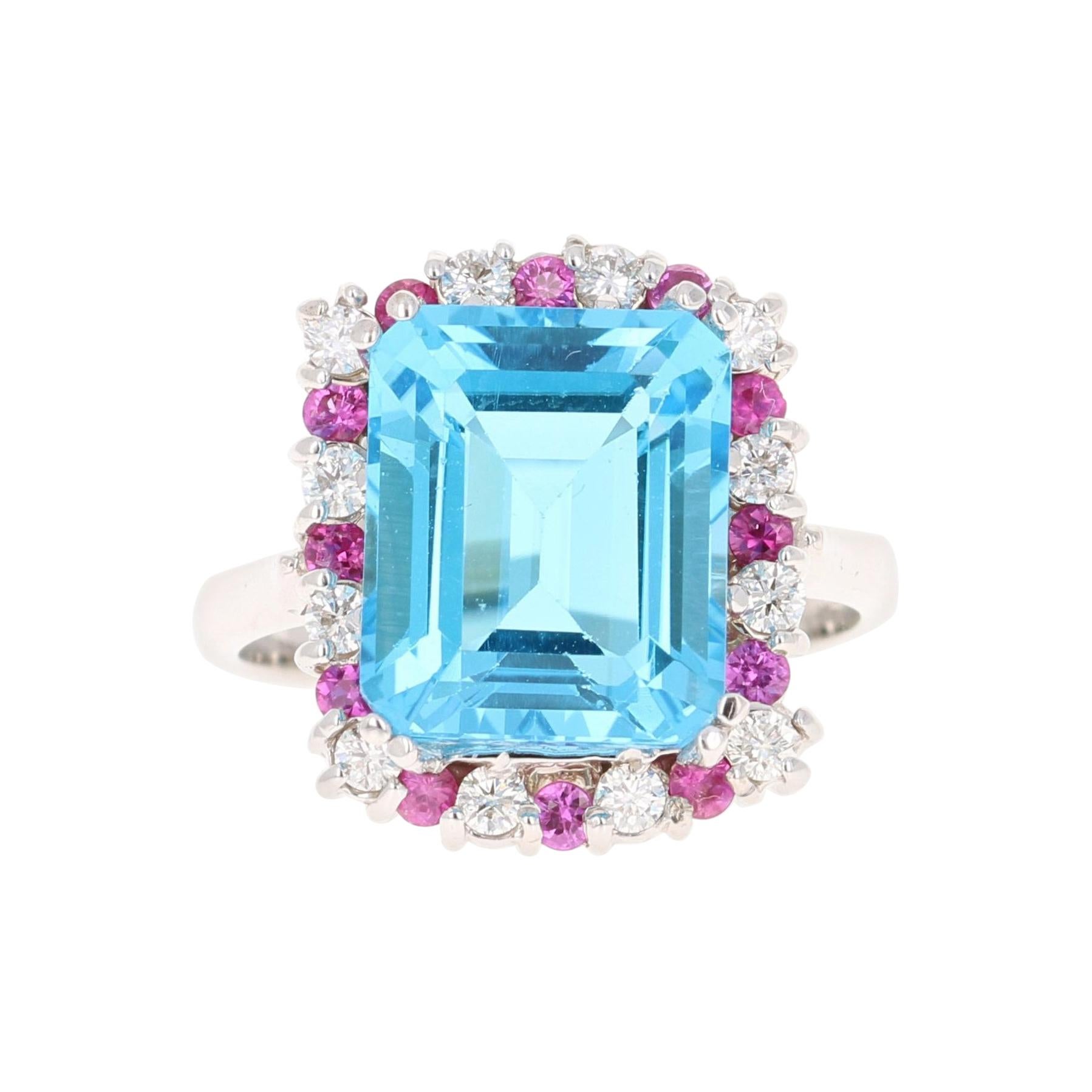 Blue Topaz Pink Sapphire Diamond 14 Karat White Gold Ring