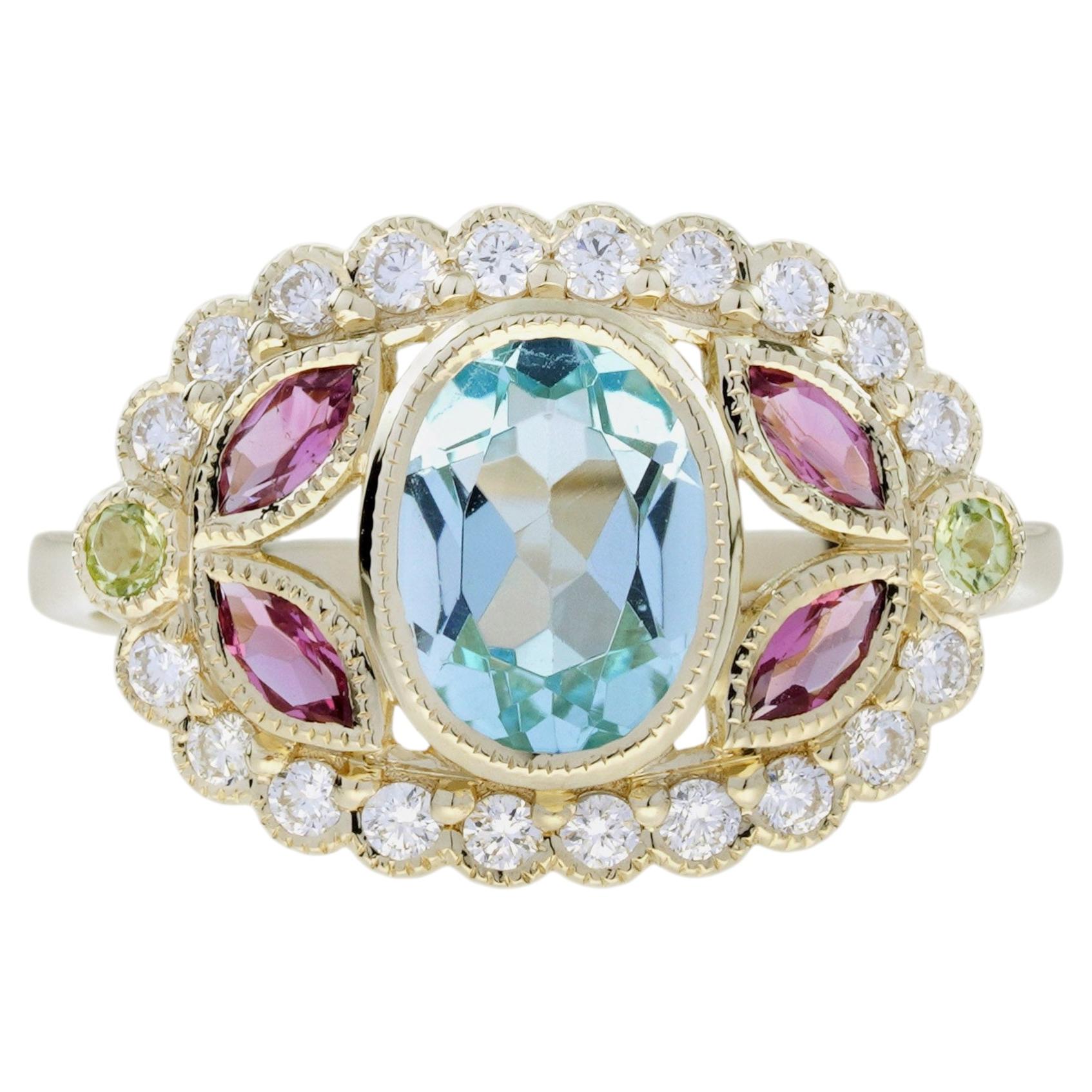 Bague festonnée en or jaune 14 carats, sertie de topaze bleue, de tourmaline rose, de péridot et de diamants