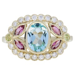 Blue Topaz Pink Tourmaline Peridot Diamond Scalloped Ring in 14K Yellow Gold
