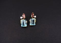 Blue Topaz Pink Tourmaline Princess Cut Diamond Sharp Minimal Line Gold Earrings