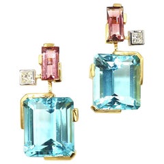 Blue Topaz Pink Tourmaline Princess Cut Diamond Sharp Minimal Line Gold Earrings