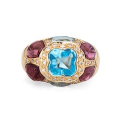 Blue Topaz Pink Tourmaline Ring Estate 18k Gold Diamond Cocktail Ring Sz 4.5