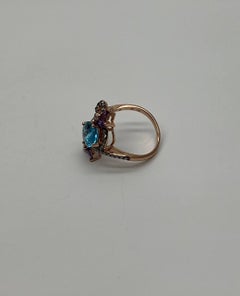 Topaze bleue Améthyste violette Diamants Fleur en or rose 14K Bague de déclaration