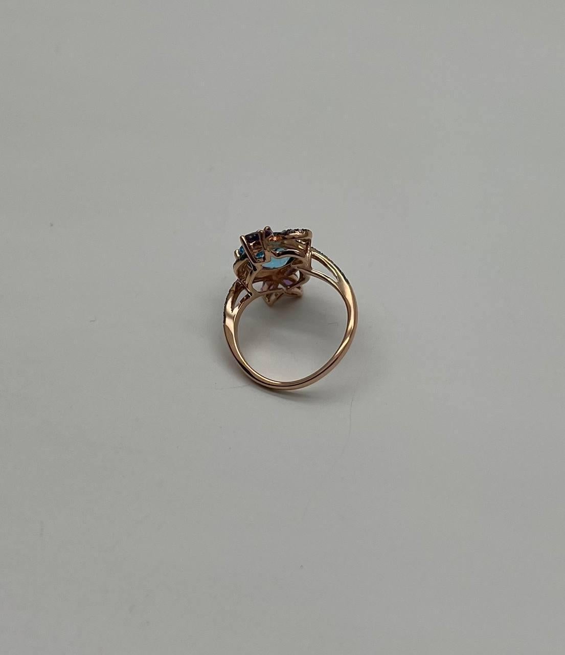 Oval Cut Blue Topaz Purple Amethyst Diamonds Floral Flower 14K Rose Gold Statement Ring For Sale
