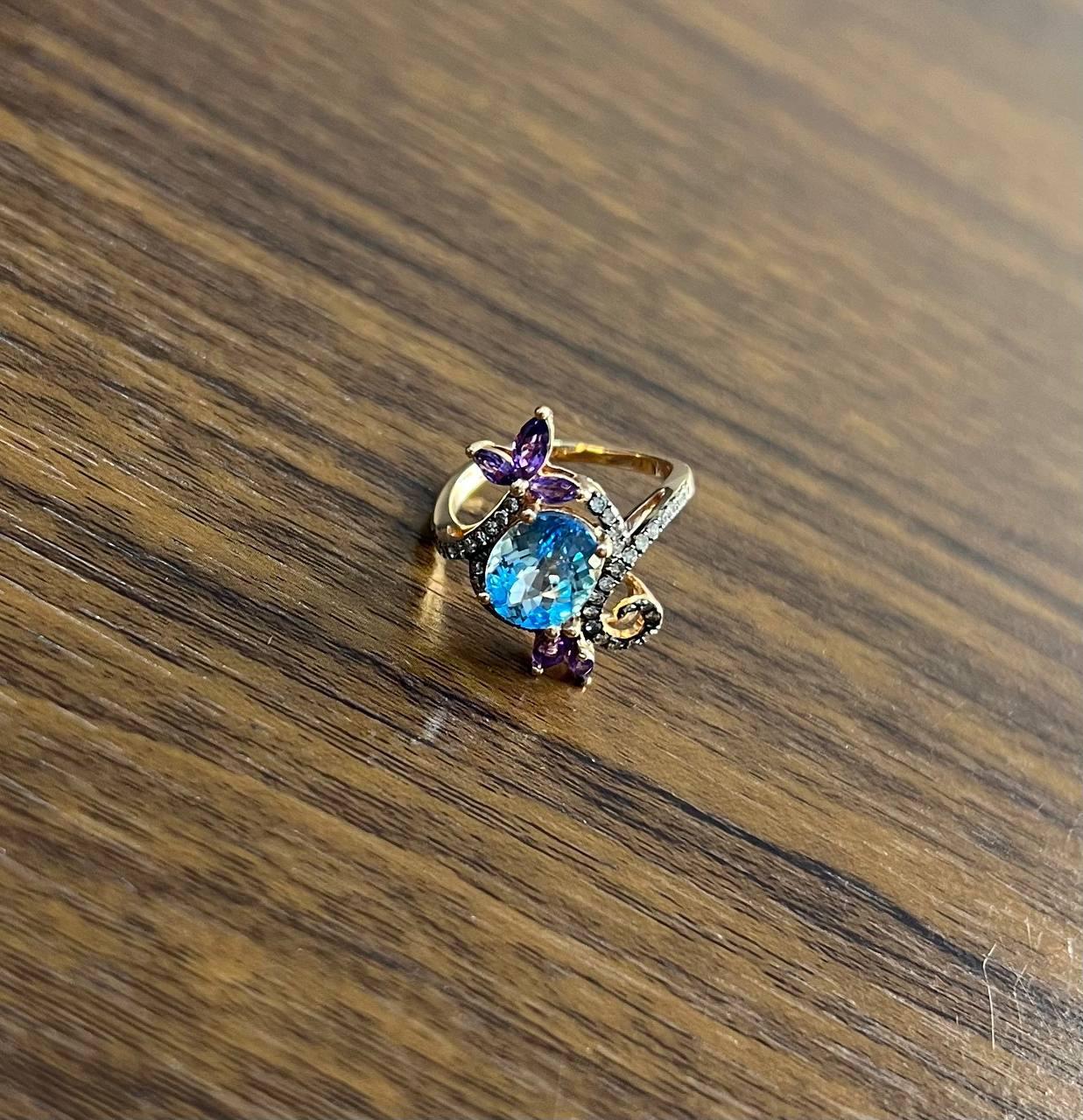Blue Topaz Purple Amethyst Diamonds Floral Flower 14K Rose Gold Statement Ring For Sale 1
