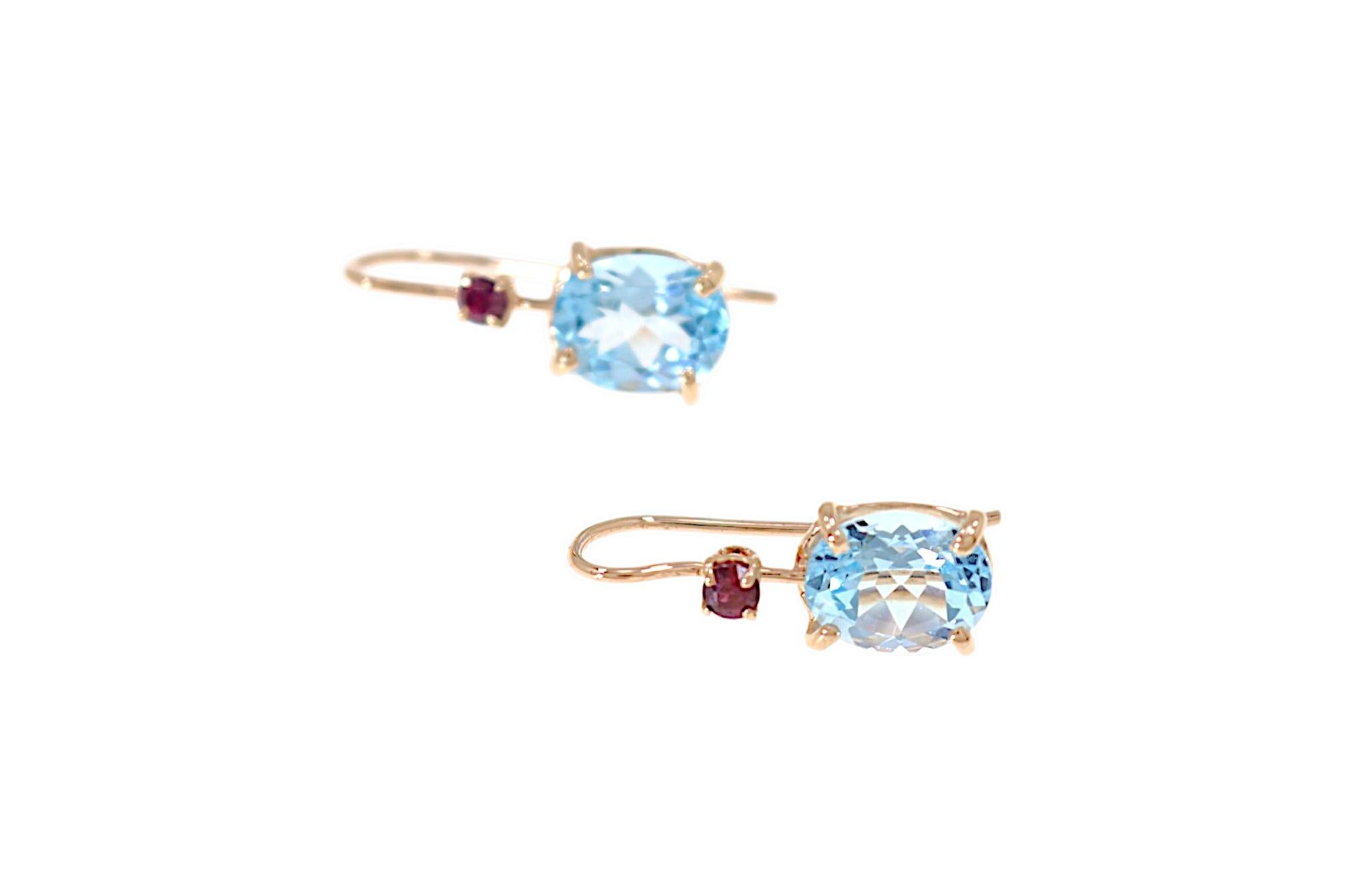 Blue Topaz Red Rubies Rose Gold Earrings Botta Gioielli In New Condition In Milano, IT