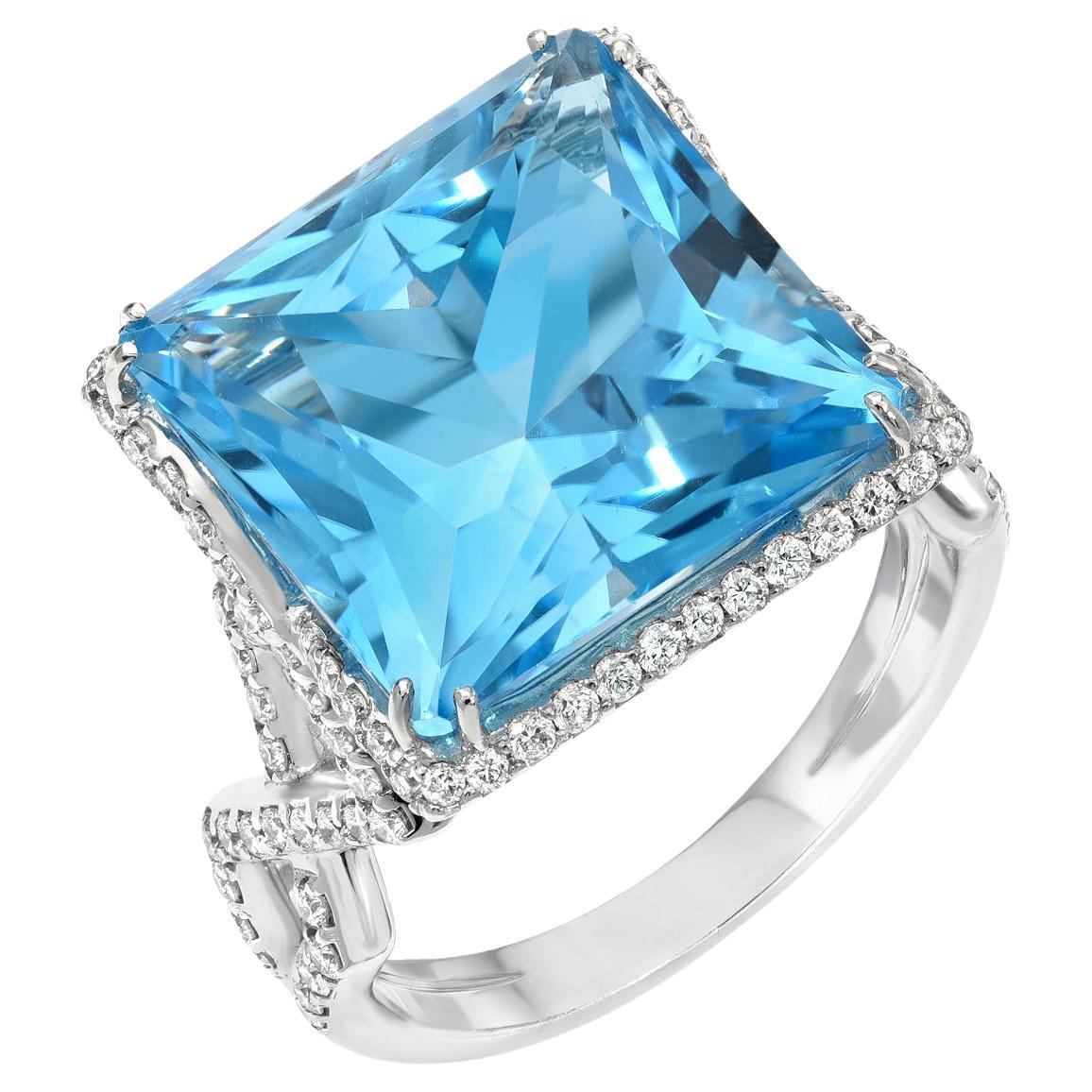 Blue Topaz Ring 14.66 Carat Princess Cut White Gold For Sale