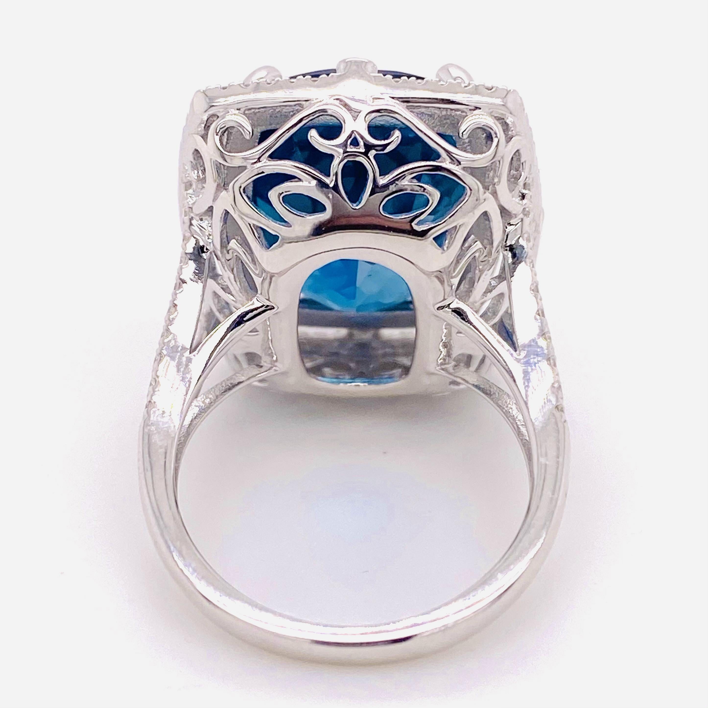 Contemporary Rare Blue Topaz Ring, 16.11 Carat London Blue Topaz, .66 Carat Diamond, Cushion