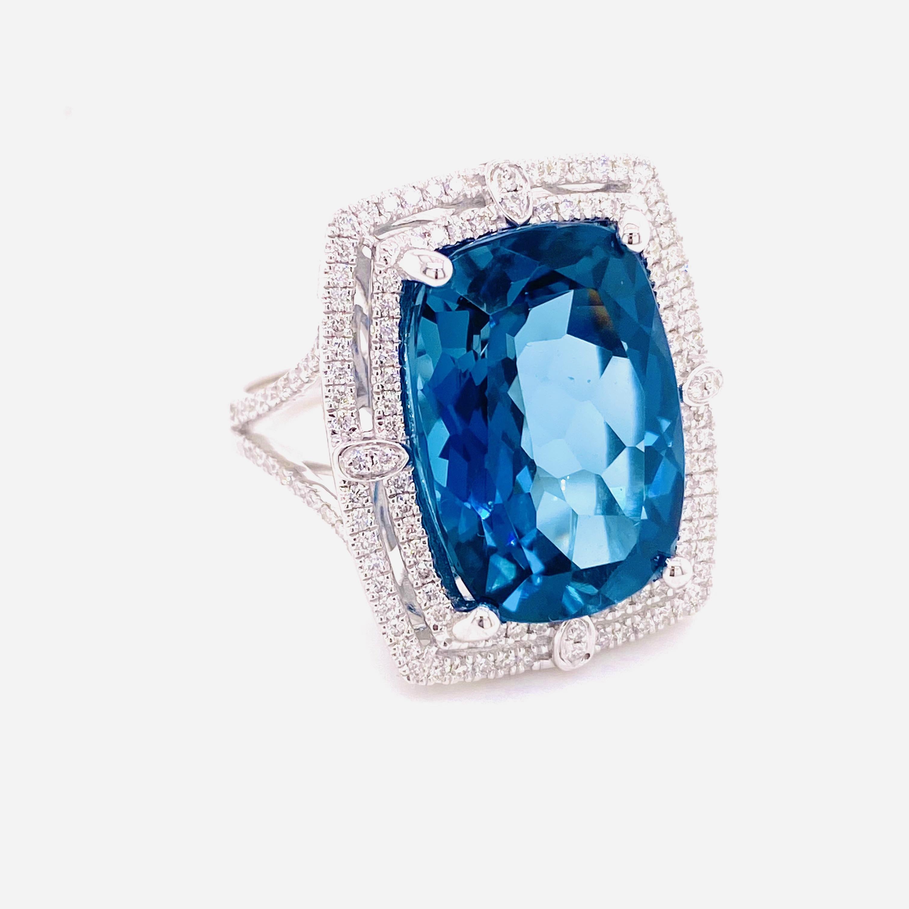 Rare Blue Topaz Ring, 16.11 Carat London Blue Topaz, .66 Carat Diamond, Cushion