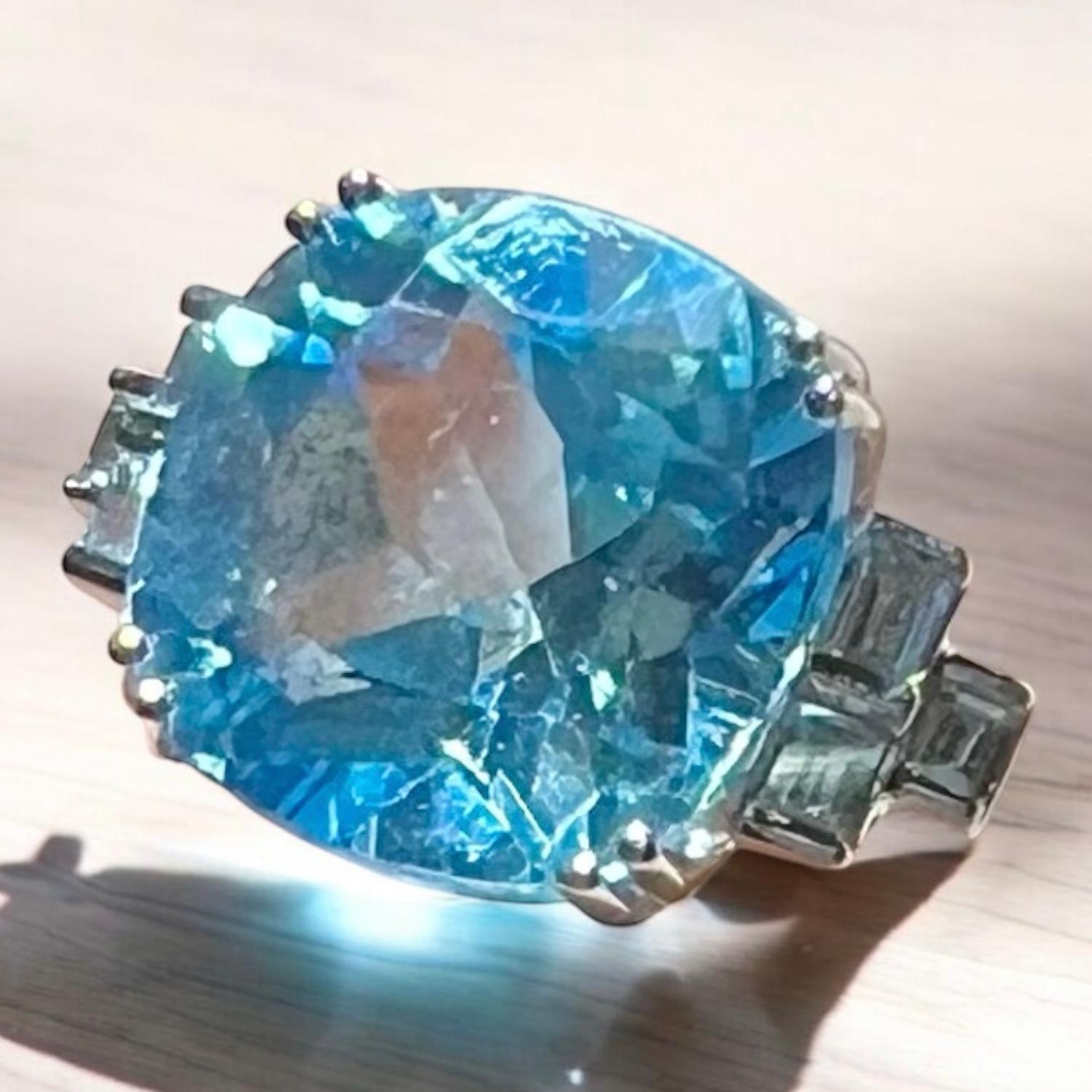 Bague en or blanc 18 carats avec topaze bleue 9,08 carats et diamants 0,20 carat Bon état - En vente à SAINT-OUEN-SUR-SEINE, FR
