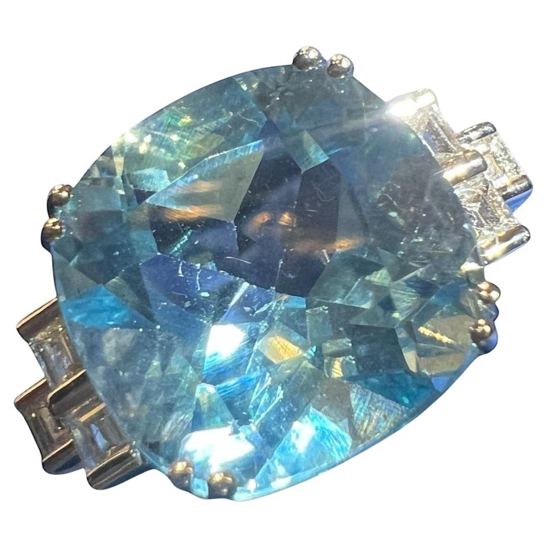 Blue Topaz Ring 9.08 Ct Diamonds 0.20 Ct, 18 Ct White Gold