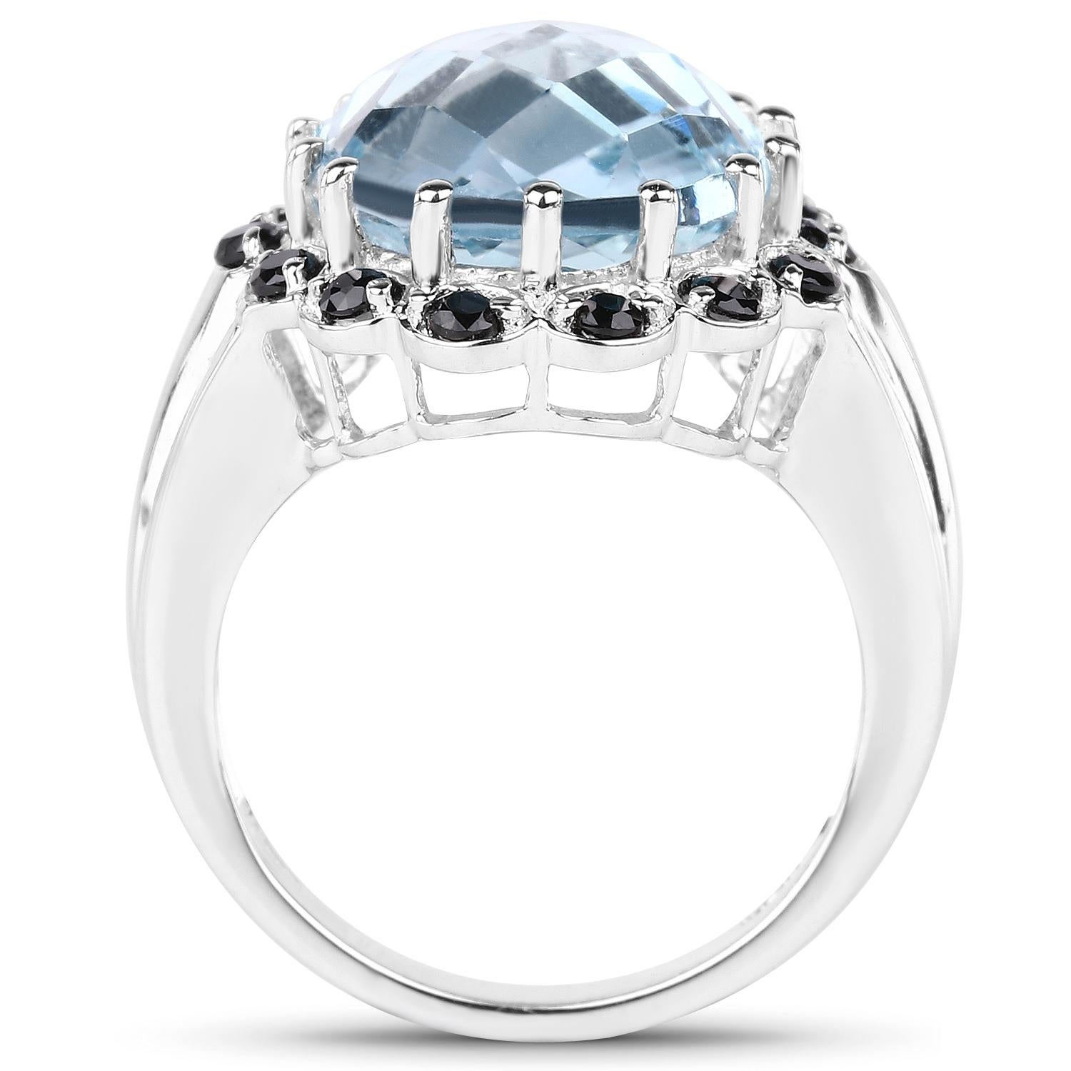 Blauer Topas Ring Schwarzer Spinell 12,4 Karat Sterling Silber (Kissenschliff) im Angebot
