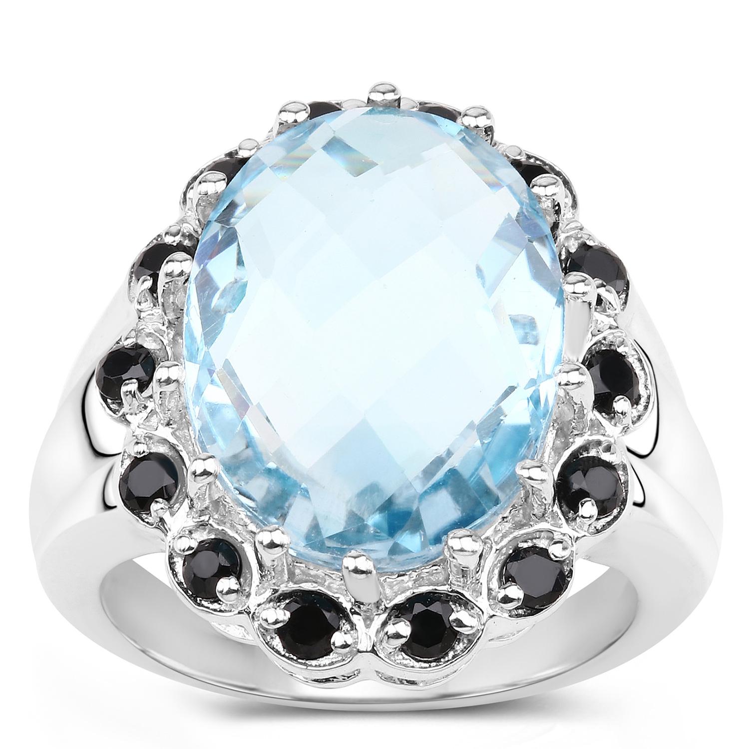 Blauer Topas Ring Schwarzer Spinell 12,4 Karat Sterling Silber im Zustand „Hervorragend“ im Angebot in Aliso Viejo, CA