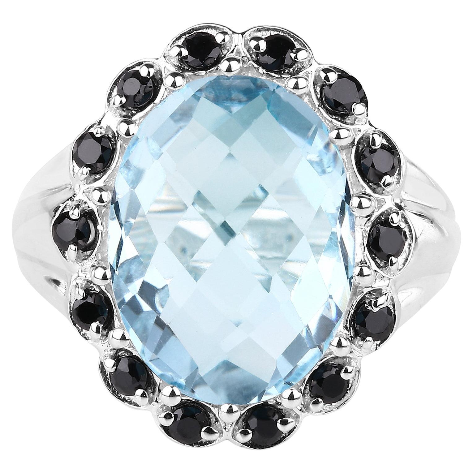Blauer Topas Ring Schwarzer Spinell 12,4 Karat Sterling Silber